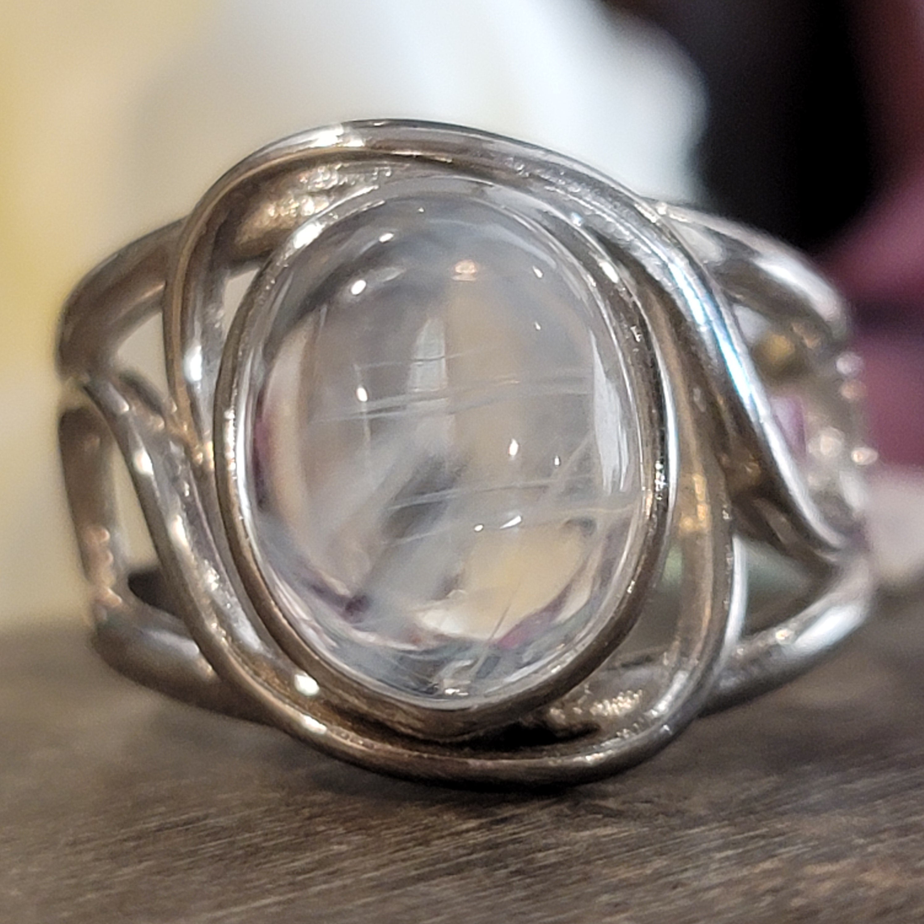 Blue Smoke Lemurian Quartz Cuff Ring .925 Silver for Ascension, Connection with Guides and Meditation