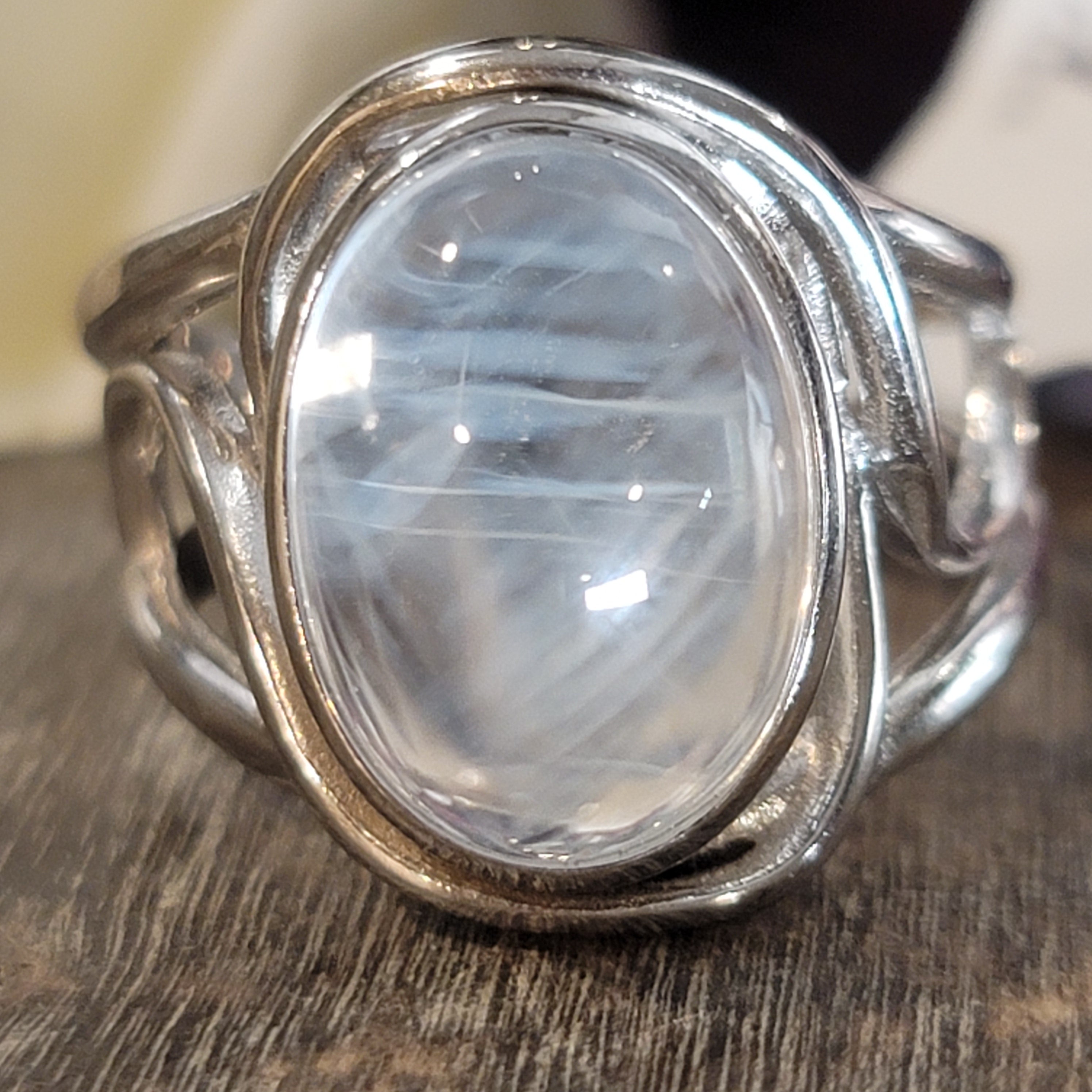 Blue Smoke Lemurian Quartz Cuff Ring .925 Silver for Ascension, Connection with Guides and Meditation