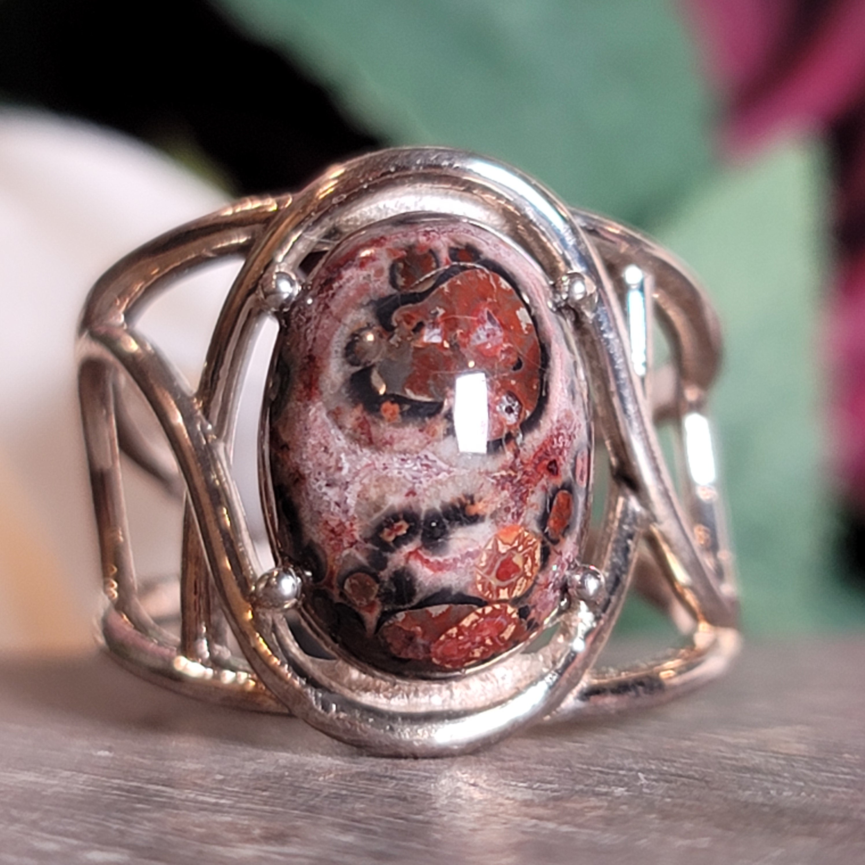 Leopardskin Jasper Cuff Ring .925 Silver for Grounding, Protection and Connection with Animal Guides