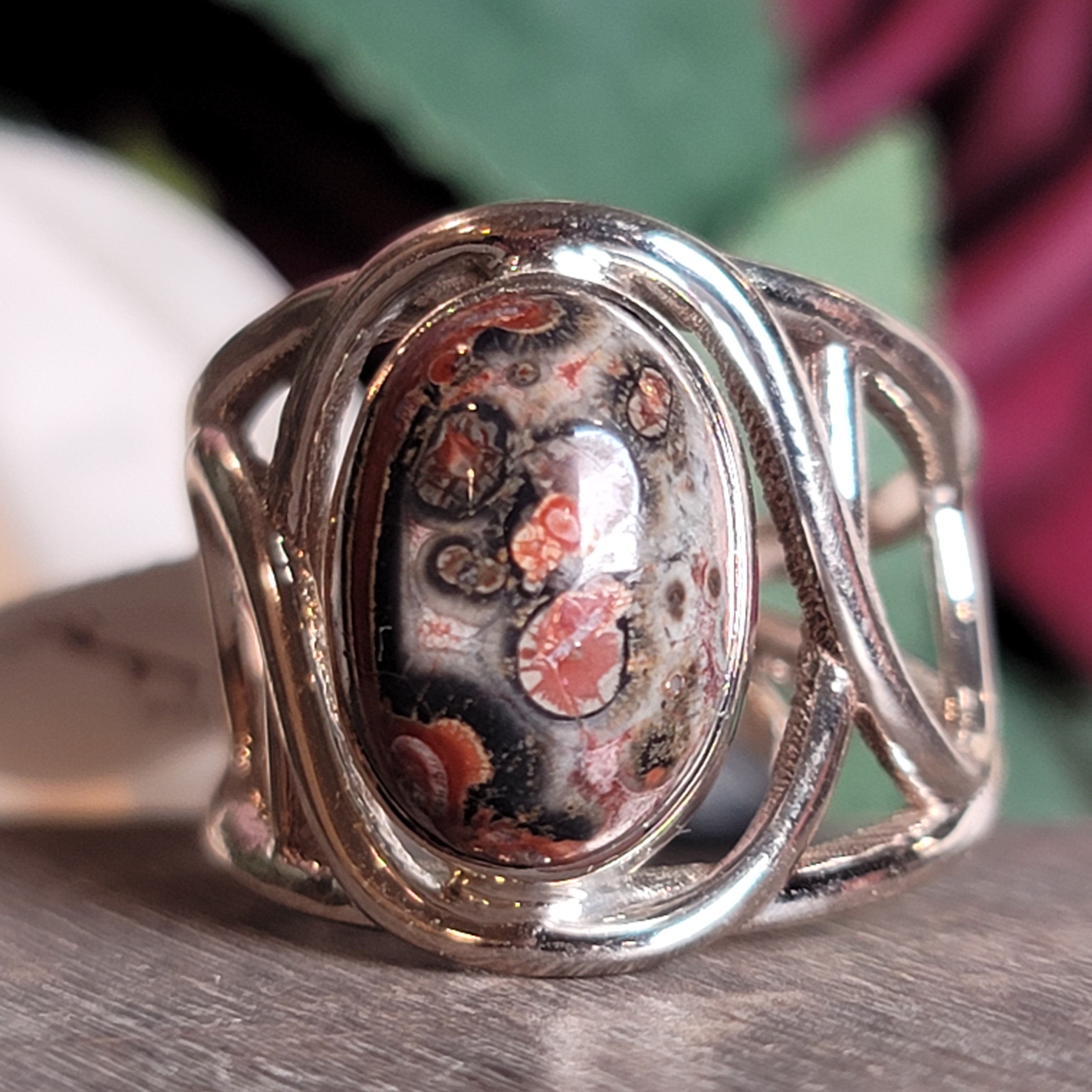 Leopardskin Jasper Cuff Ring .925 Silver for Grounding, Protection and Connection with Animal Guides