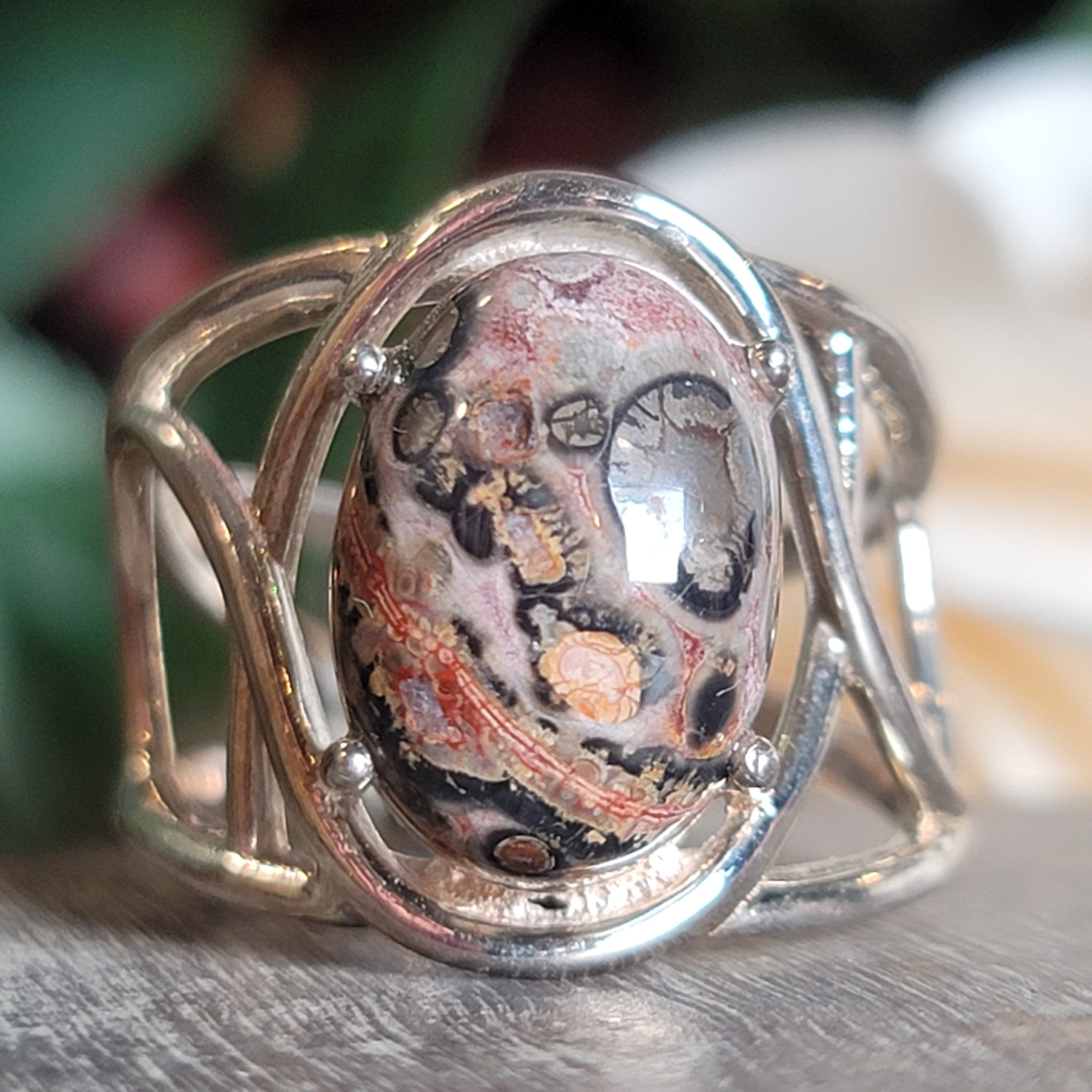 Leopardskin Jasper Cuff Ring .925 Silver for Grounding, Protection and Connection with Animal Guides