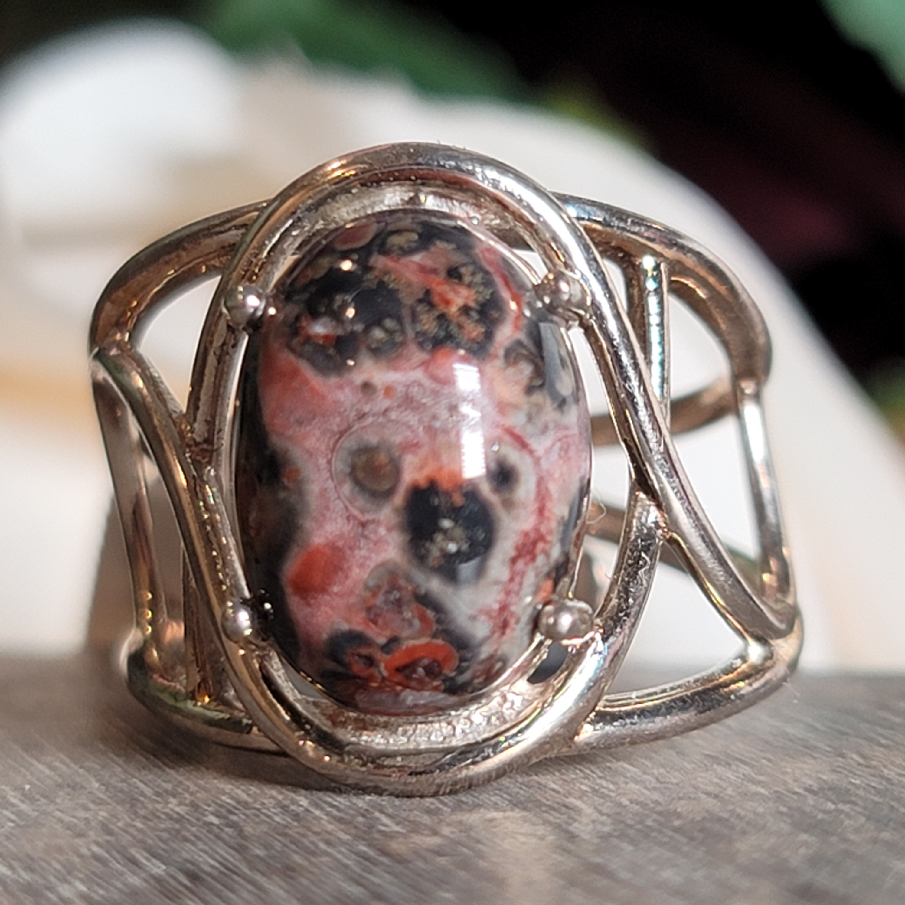 Leopardskin Jasper Cuff Ring .925 Silver for Grounding, Protection and Connection with Animal Guides