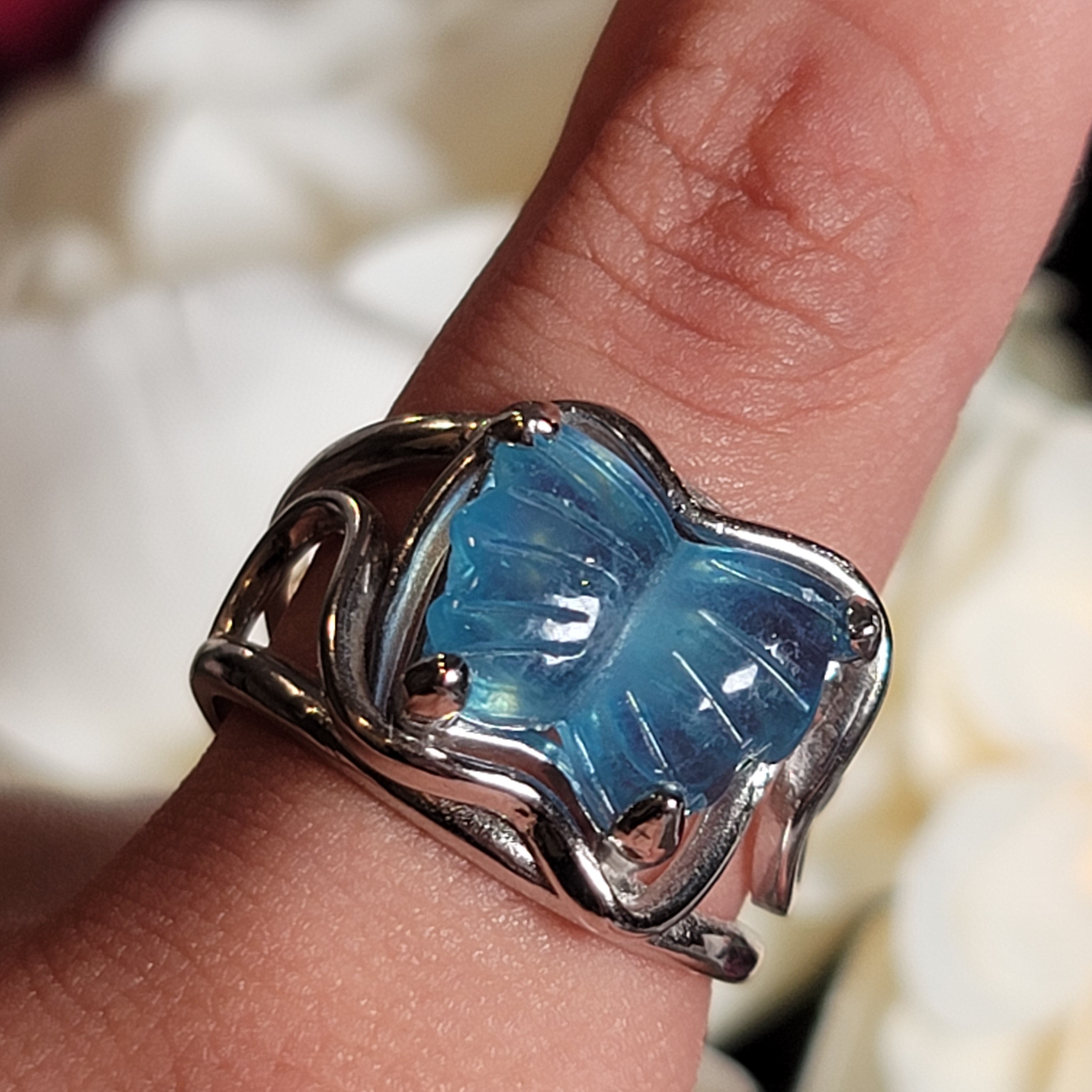 Aquamarine Butterfly Finger Cuff Adjustable Ring .925 Silver for Peaceful Travels and Protection