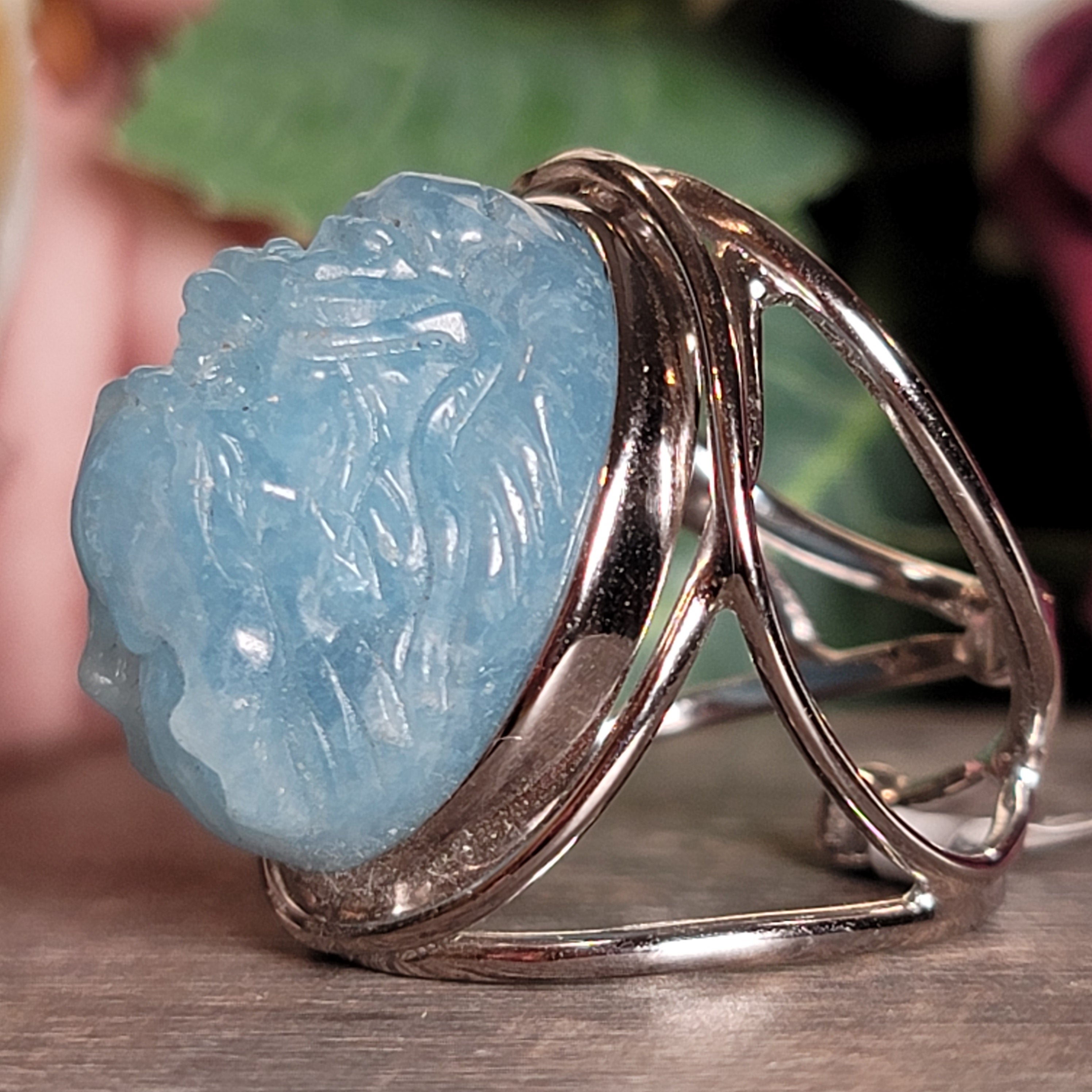 Aquamarine Dragon Cuff Ring .925 Silver for Peaceful Travels and Protection