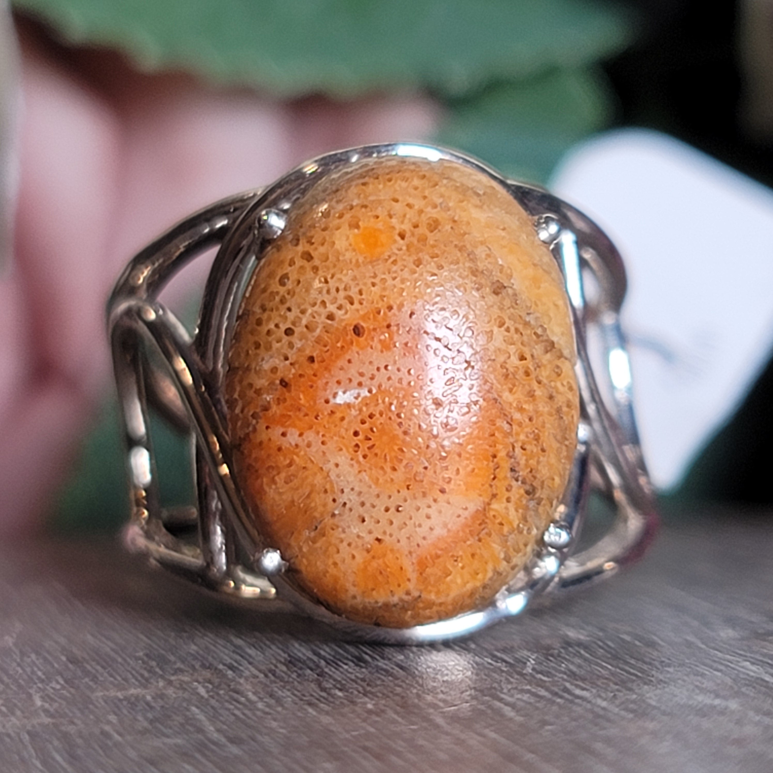 Sponge Coral Cuff Ring .925 Silver for Healing Trauma, Stability and Wisdom