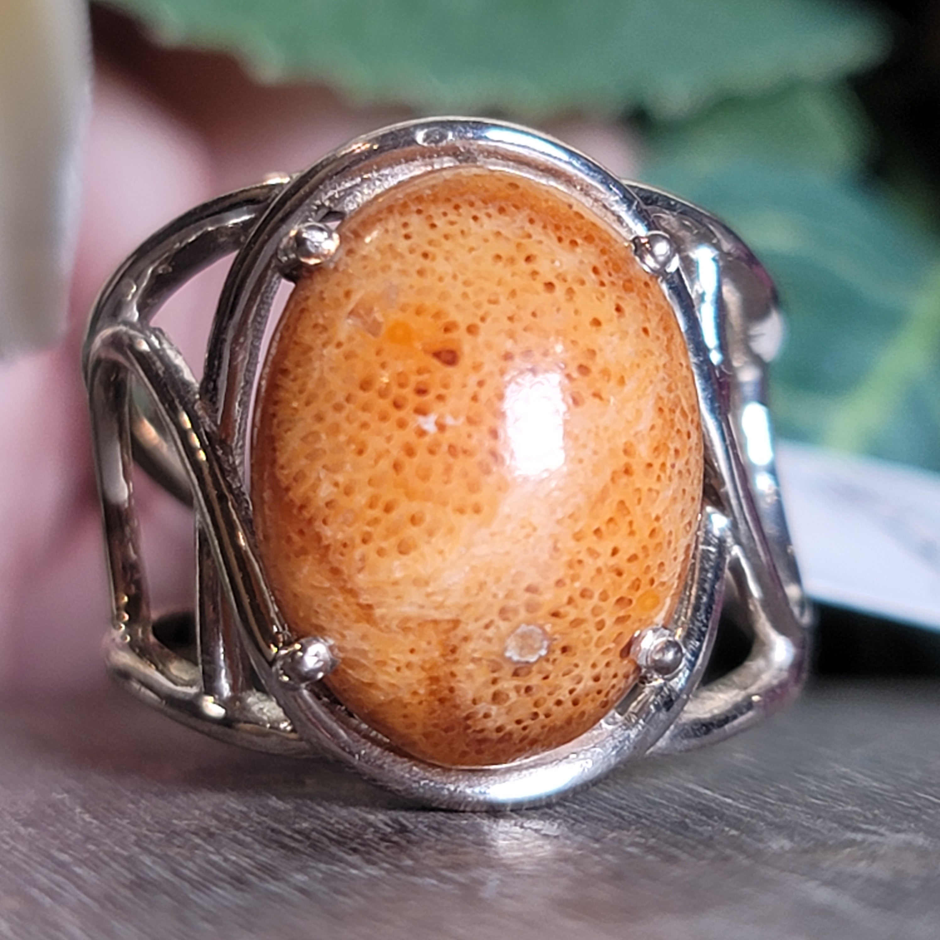 Sponge Coral Cuff Ring .925 Silver for Healing Trauma, Stability and Wisdom