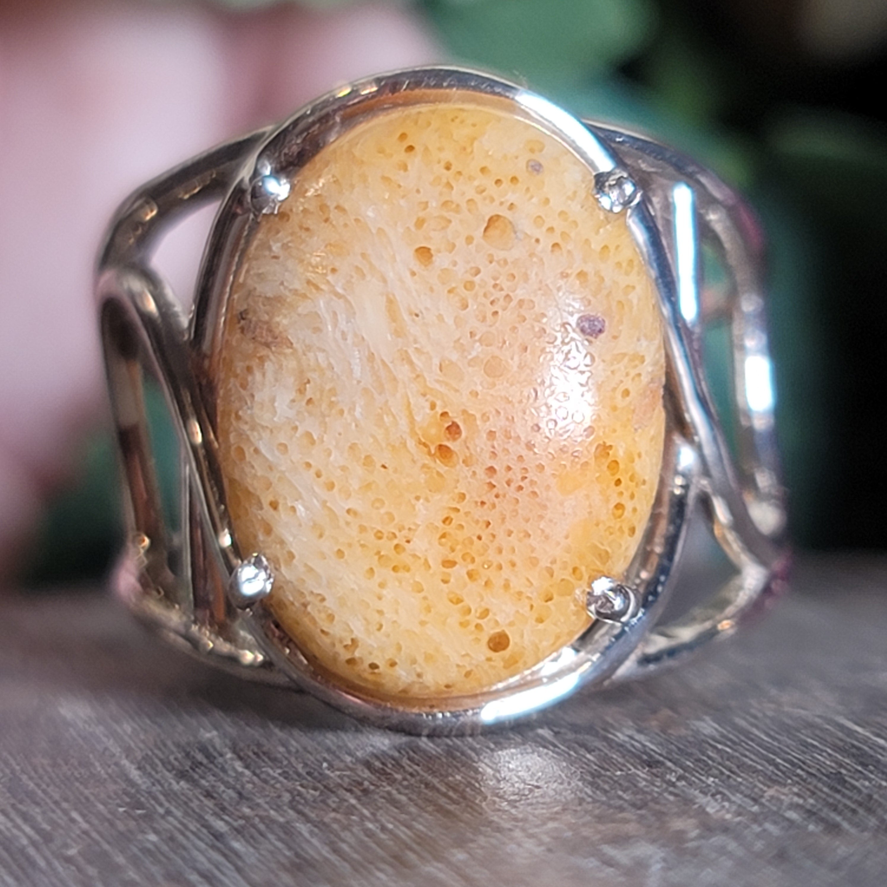 Sponge Coral Cuff Ring .925 Silver for Healing Trauma, Stability and Wisdom