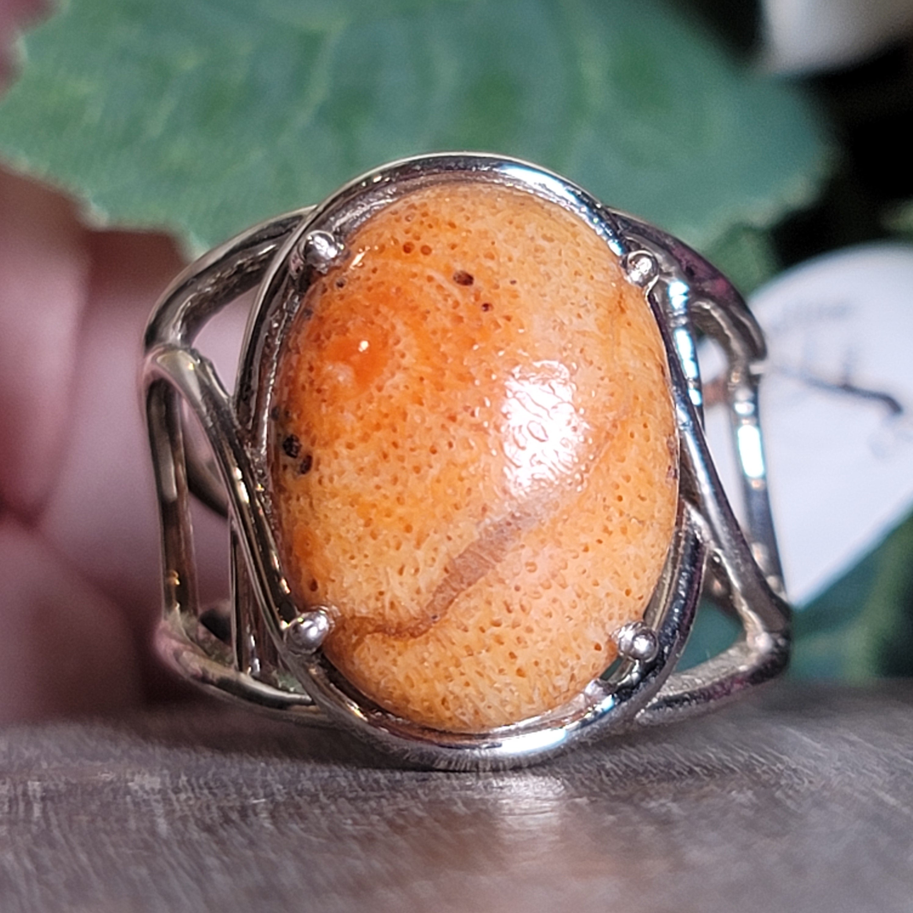 Sponge Coral Cuff Ring .925 Silver for Healing Trauma, Stability and Wisdom