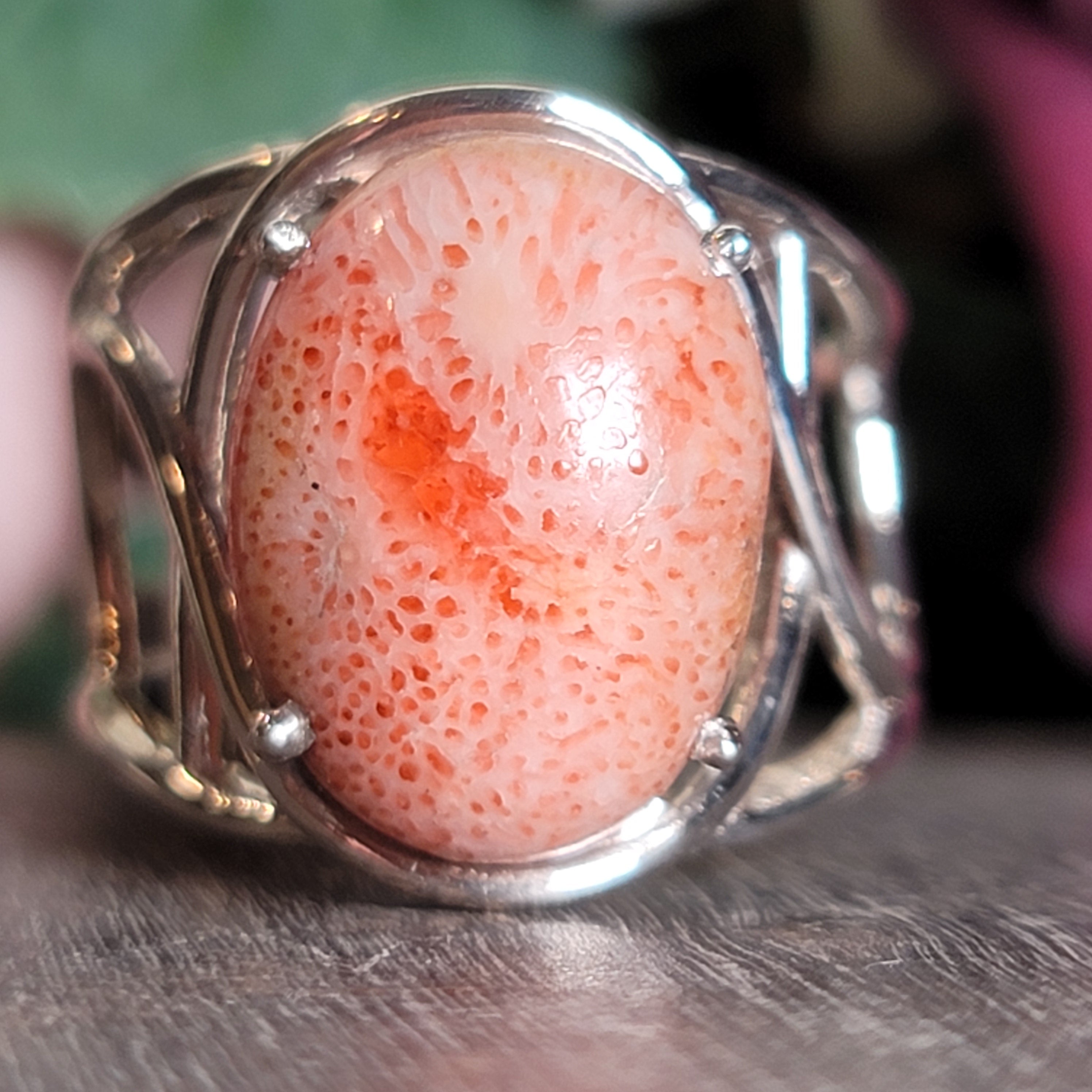 Sponge Coral Cuff Ring .925 Silver for Healing Trauma, Stability and Wisdom