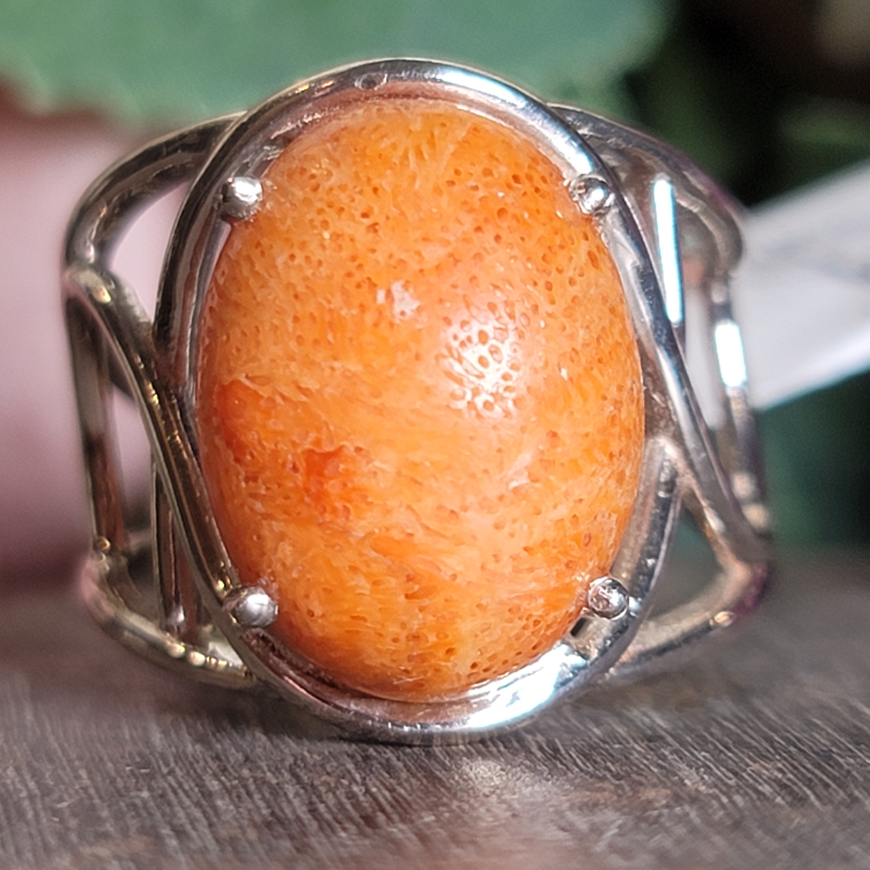 Sponge Coral Cuff Ring .925 Silver for Healing Trauma, Stability and Wisdom