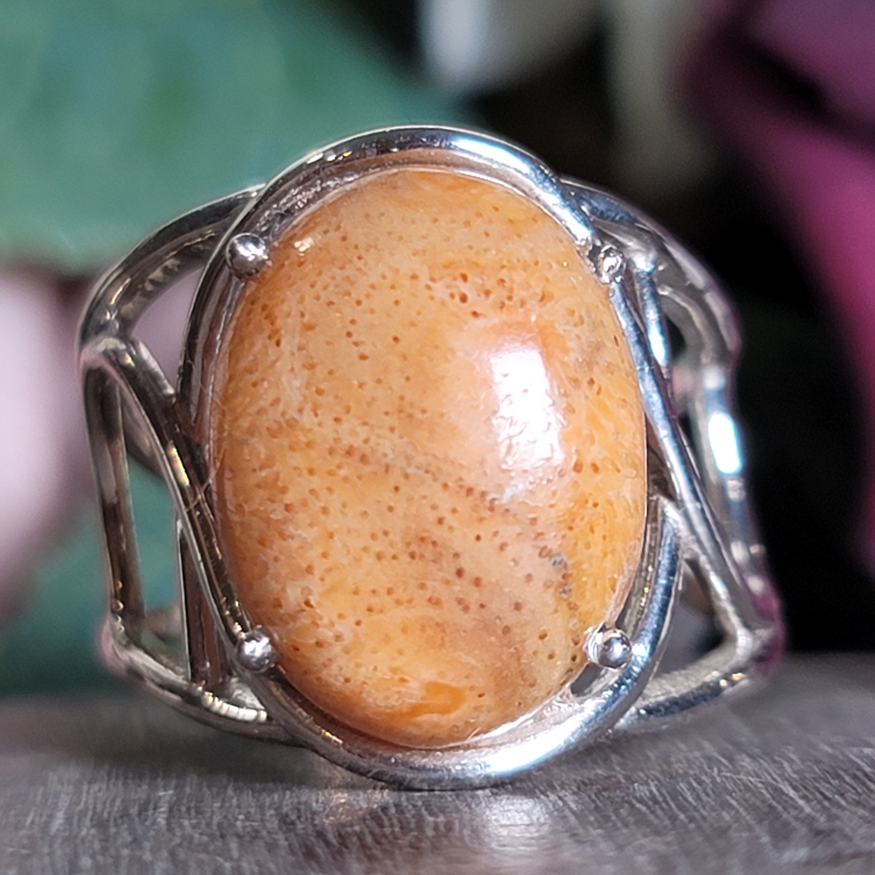 Sponge Coral Cuff Ring .925 Silver for Healing Trauma, Stability and Wisdom