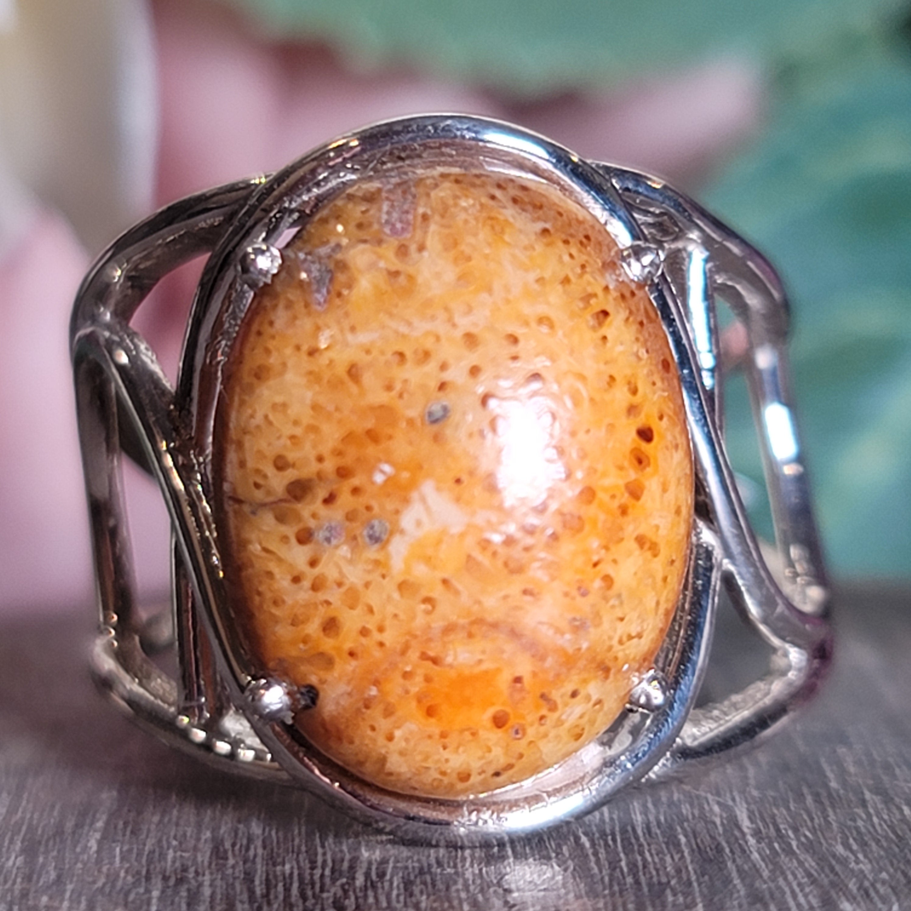 Sponge Coral Cuff Ring .925 Silver for Healing Trauma, Stability and Wisdom