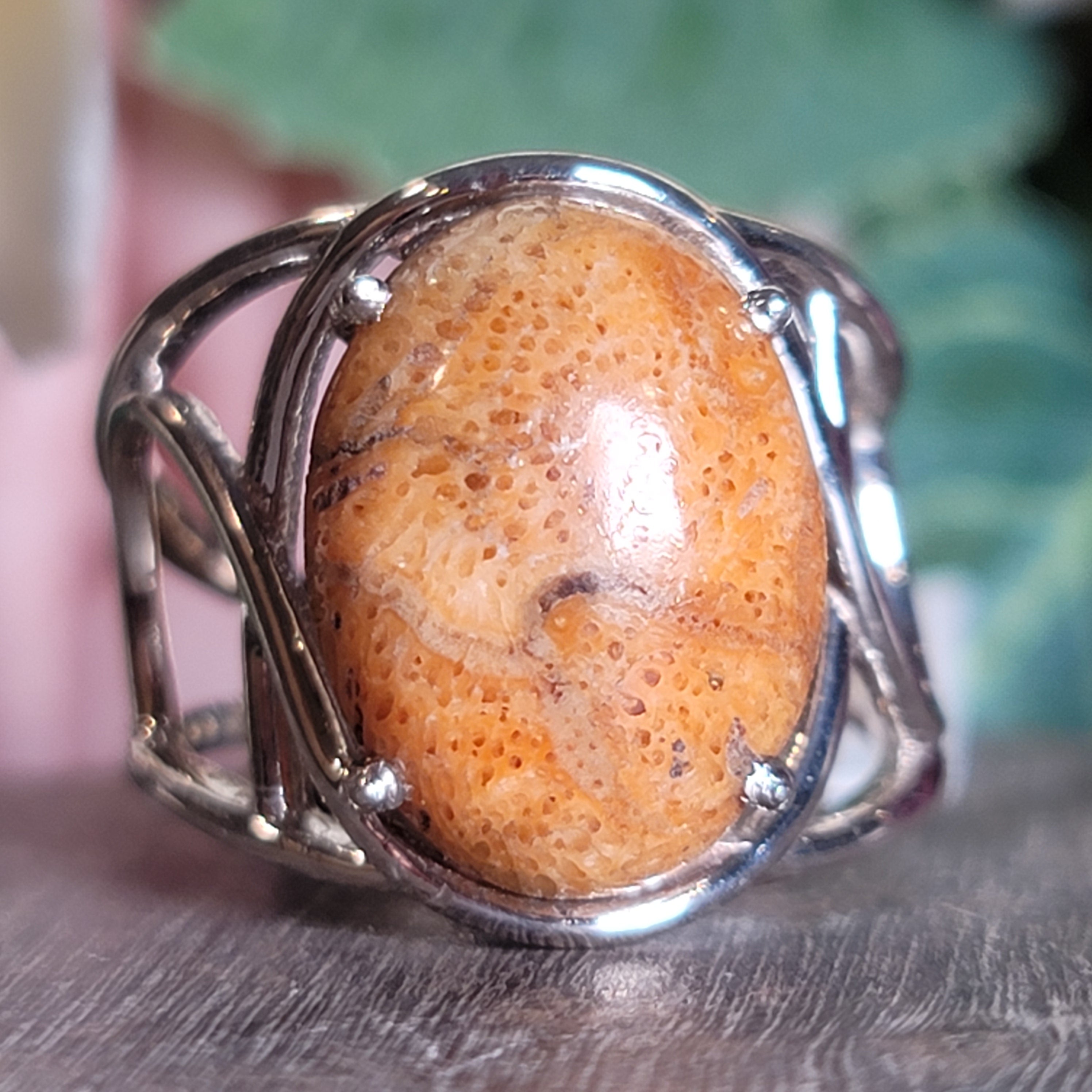 Sponge Coral Cuff Ring .925 Silver for Healing Trauma, Stability and Wisdom