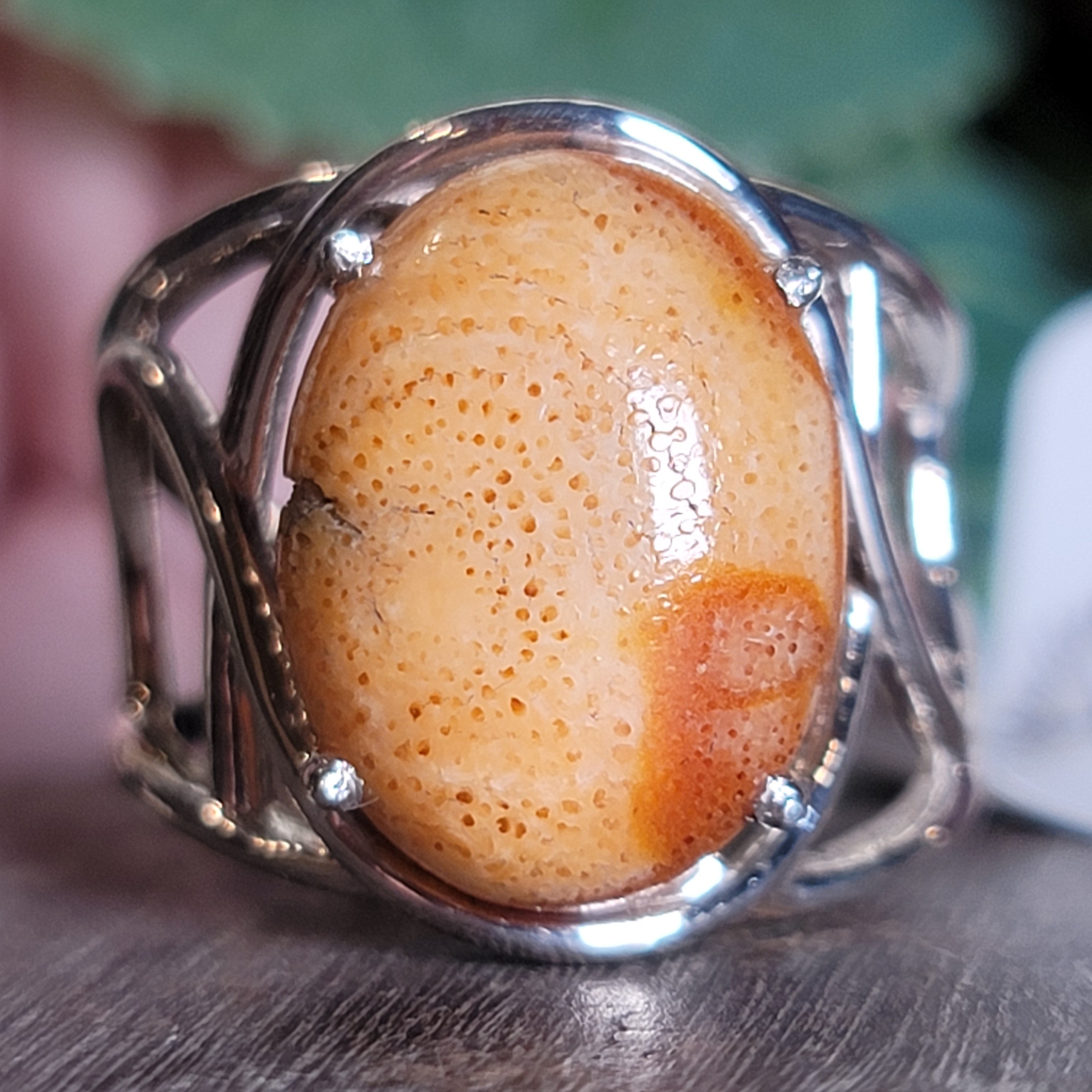 Sponge Coral Cuff Ring .925 Silver for Healing Trauma, Stability and Wisdom