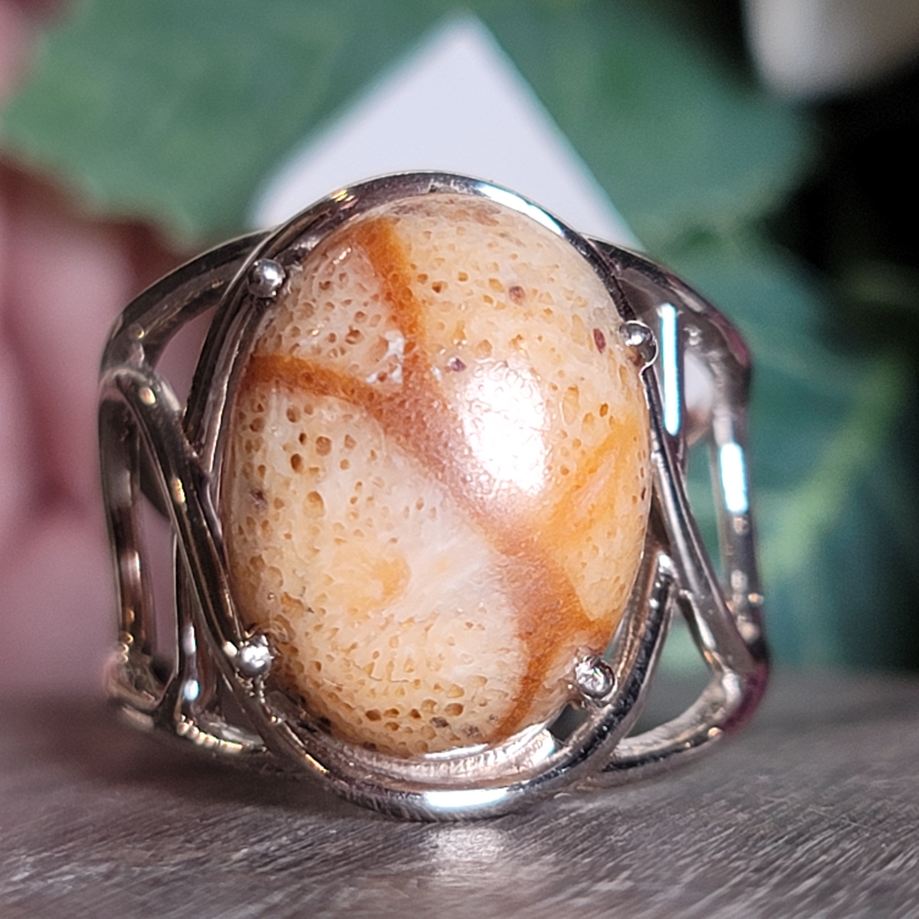 Sponge Coral Cuff Ring .925 Silver for Healing Trauma, Stability and Wisdom