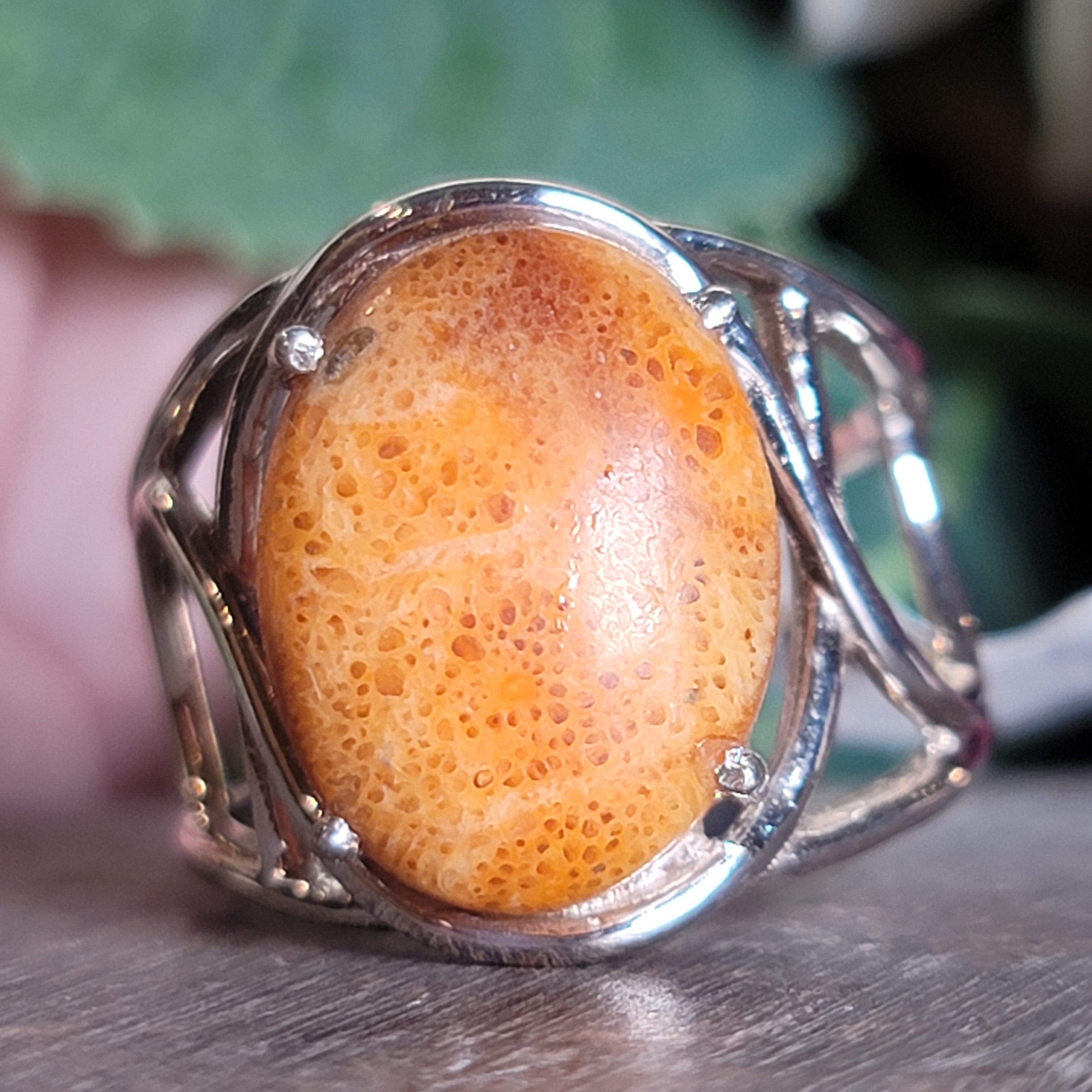 Sponge Coral Cuff Ring .925 Silver for Healing Trauma, Stability and Wisdom