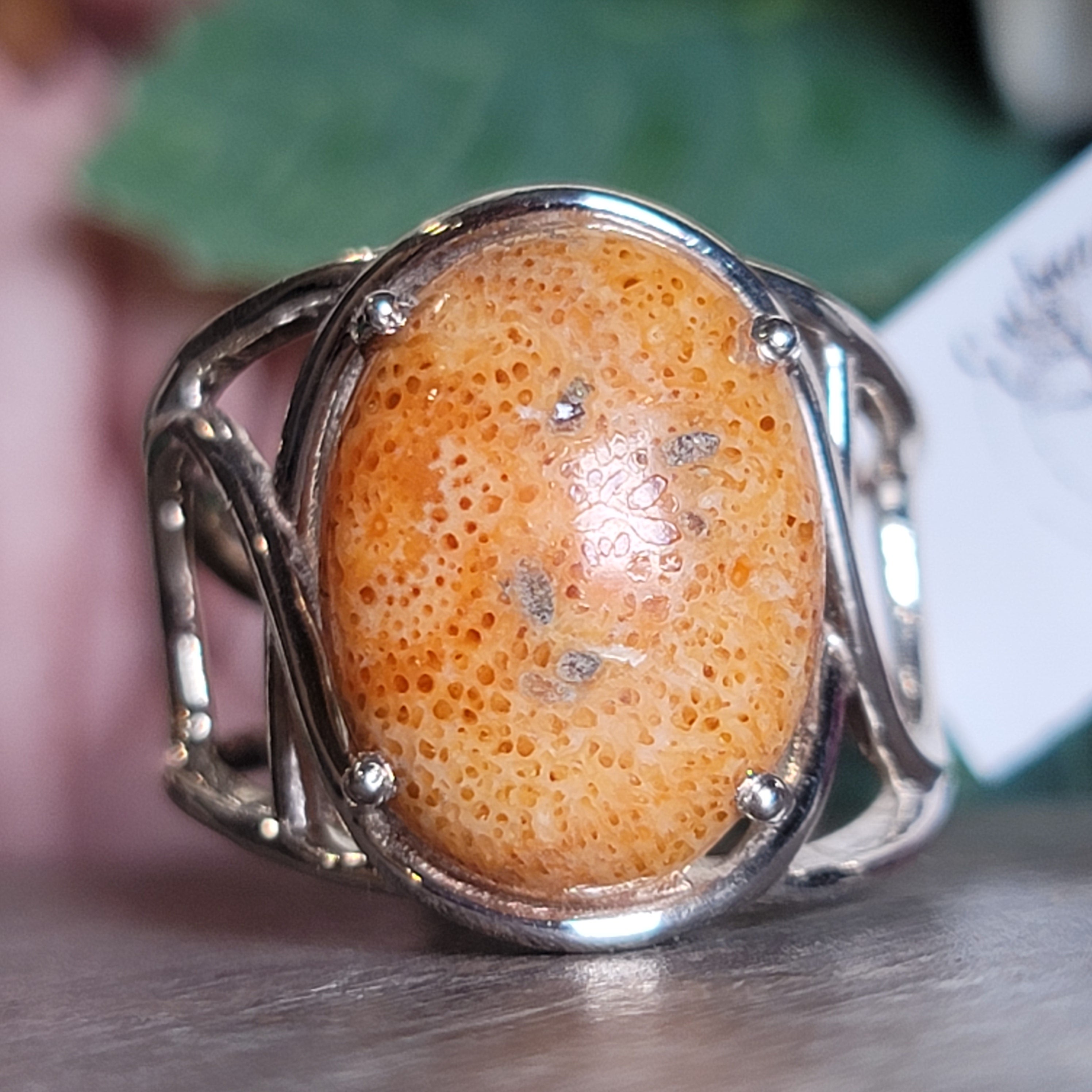 Sponge Coral Cuff Ring .925 Silver for Healing Trauma, Stability and Wisdom