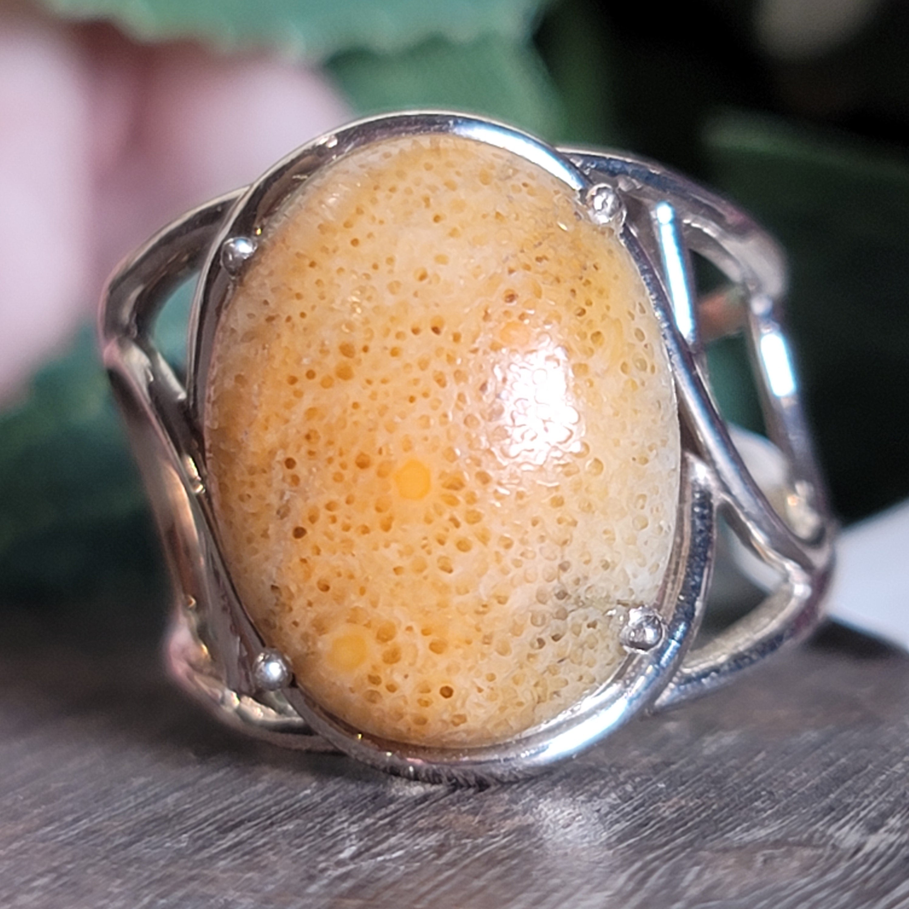 Sponge Coral Cuff Ring .925 Silver for Healing Trauma, Stability and Wisdom