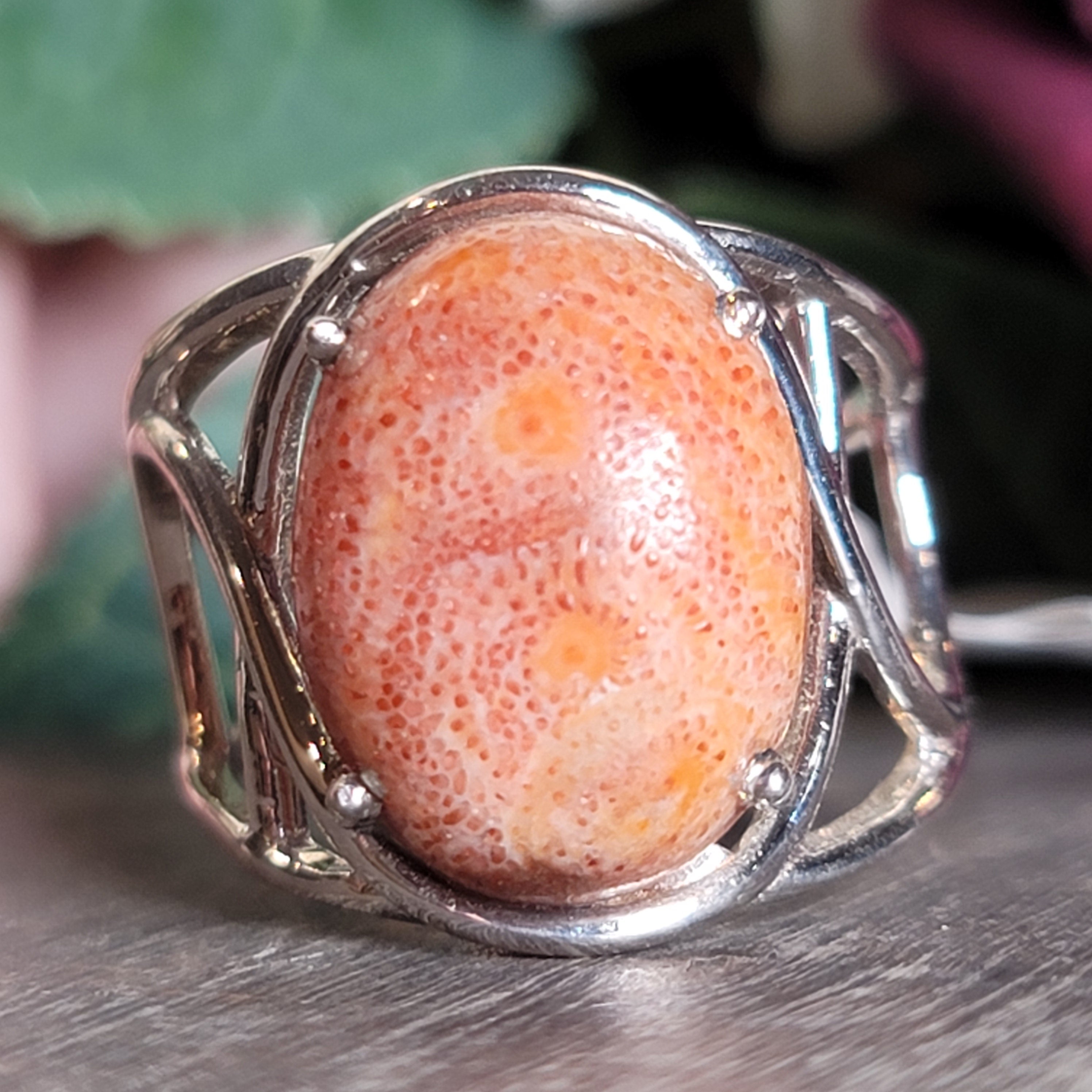 Sponge Coral Cuff Ring .925 Silver for Healing Trauma, Stability and Wisdom