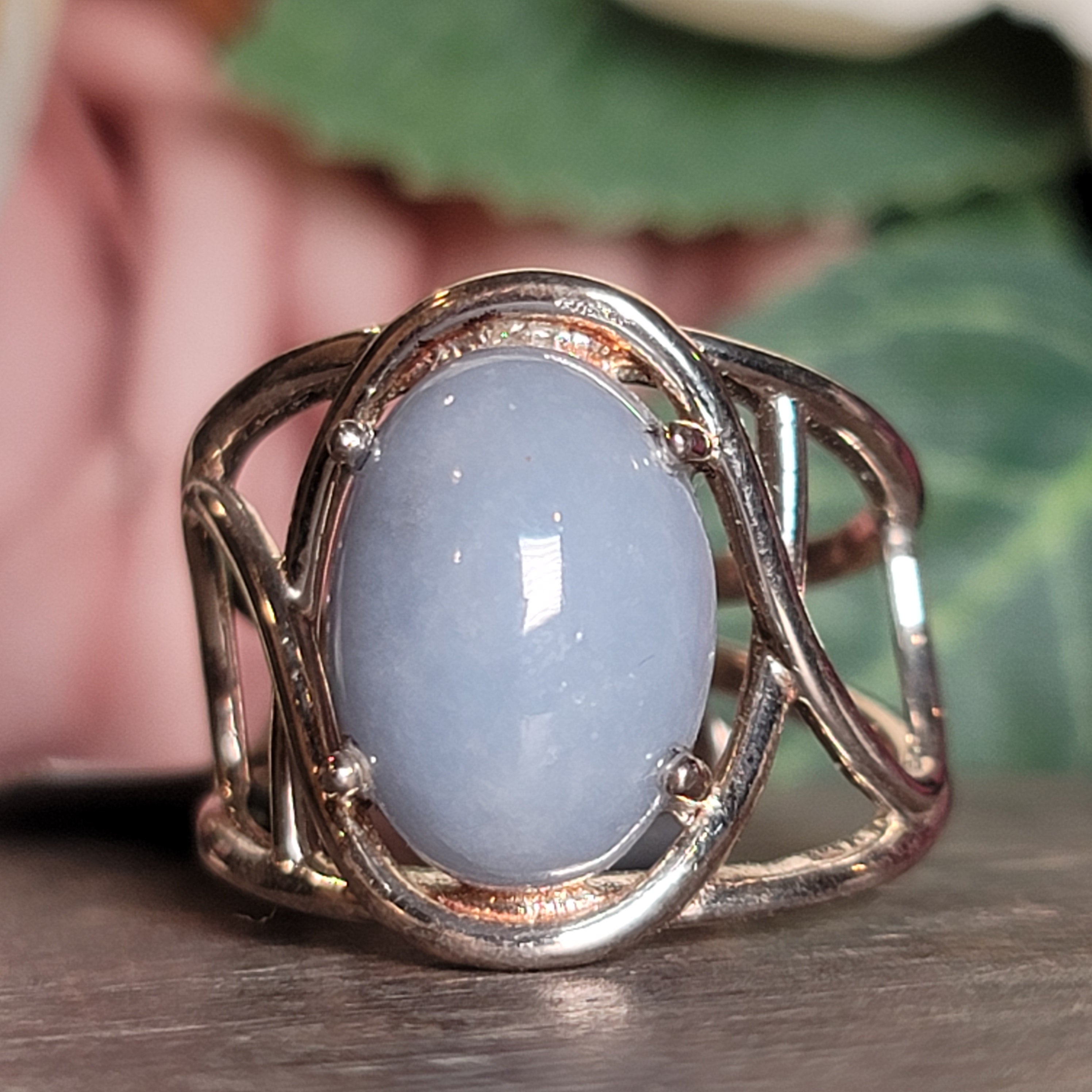 Angelite Cuff Ring .925 Silver for Communication and Connection with Angels