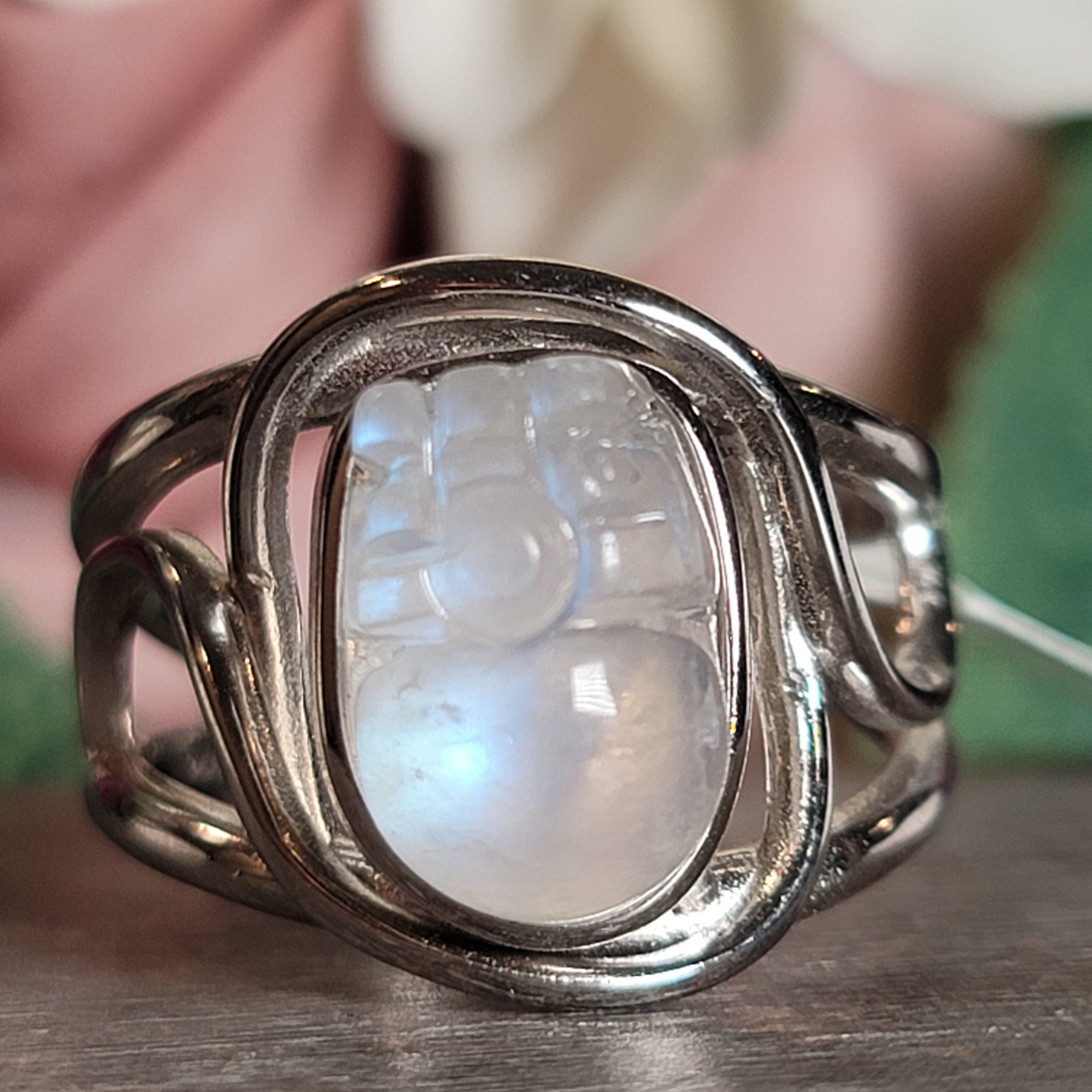 Rainbow Moonstone Pixchu Cuff Ring .925 Silver for New Beginnings, Protection and Manifestation