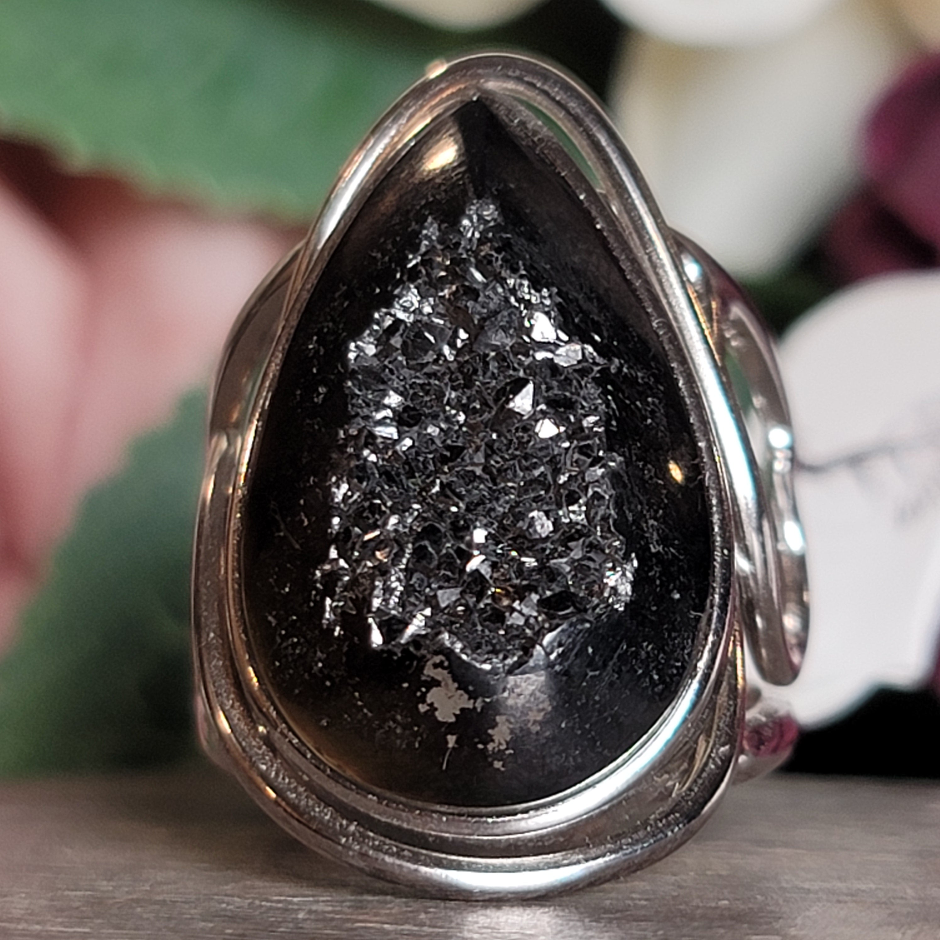 Black Aura Druzy Cuff Ring .925 Silver for Connection with Angels and Spirit Guides