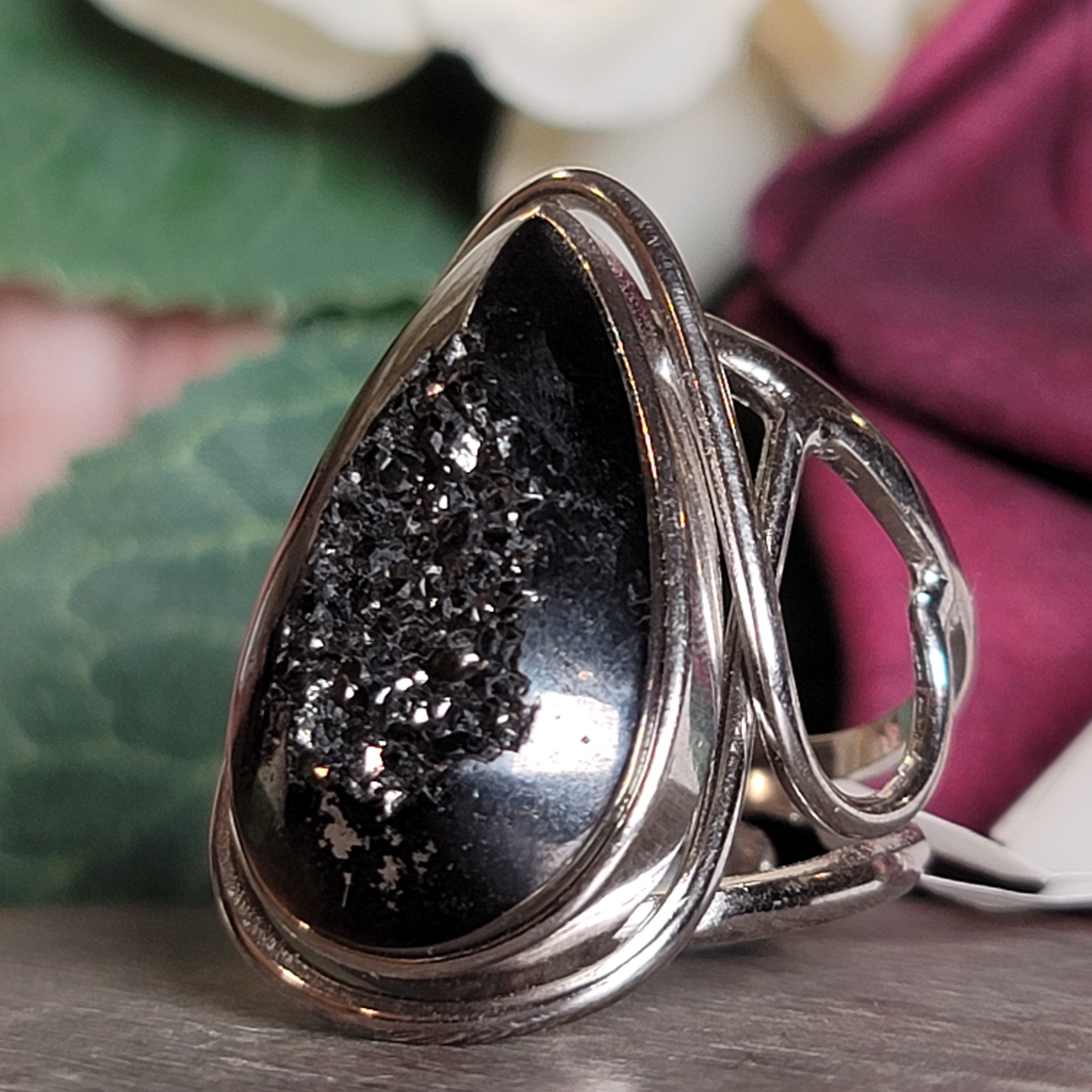 Black Aura Druzy Cuff Ring .925 Silver for Connection with Angels and Spirit Guides