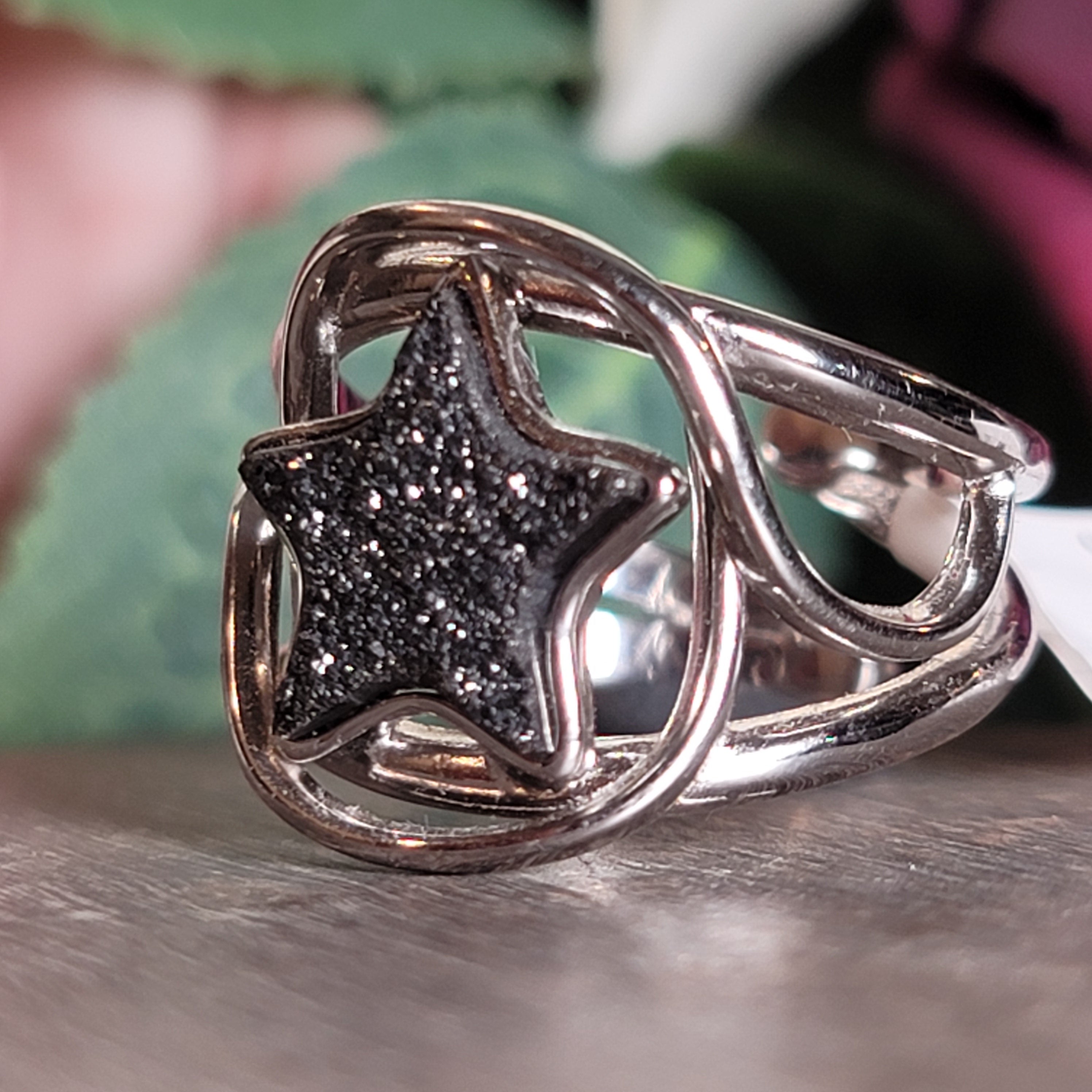 Black Aura Druzy Star Cuff Ring .925 Silver for Connection with Angels and Spirit Guides