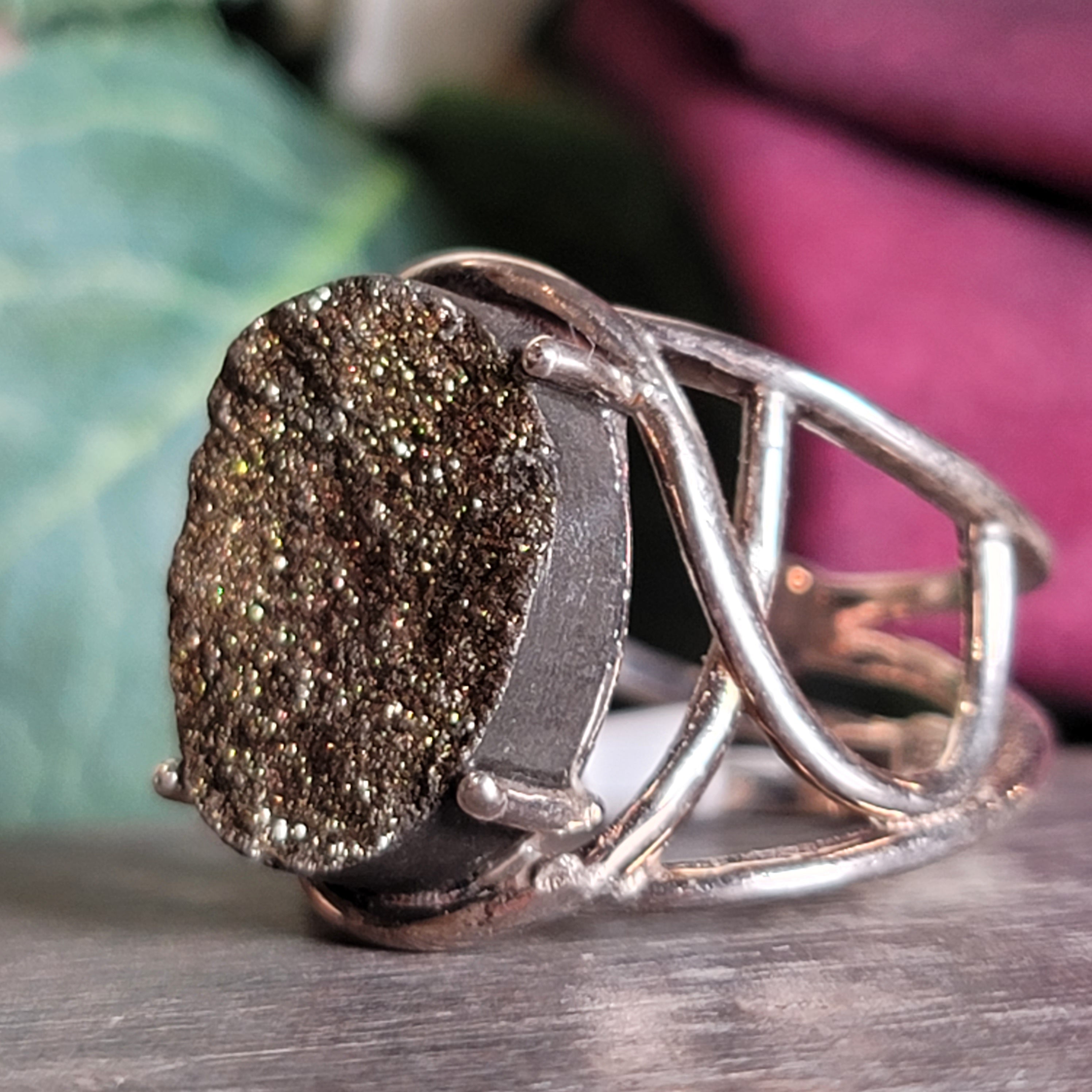 Rainbow Pyrite Cuff Ring .925 Silver for Luck & Manifestation