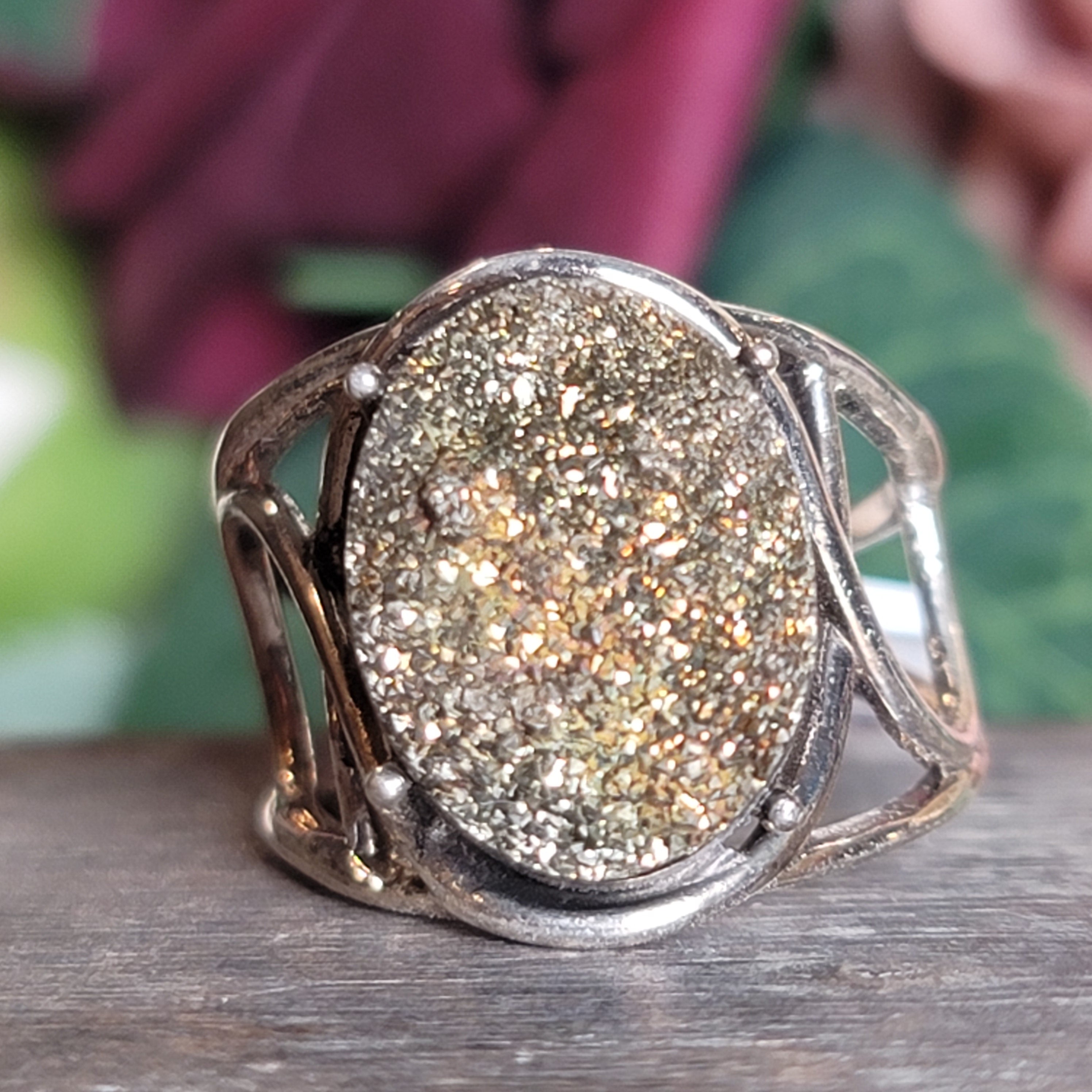 Rainbow Pyrite Cuff Ring .925 Silver for Luck & Manifestation