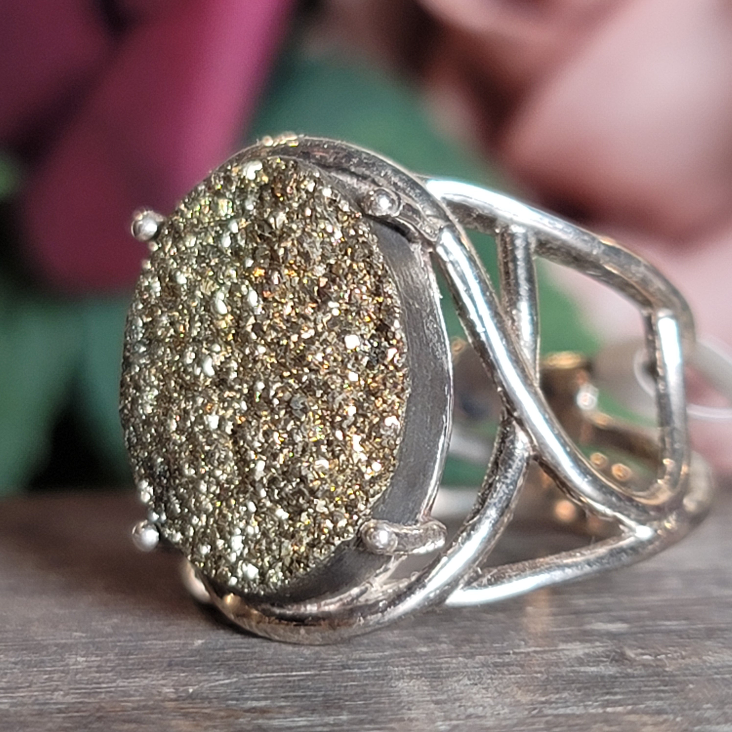 Rainbow Pyrite Cuff Ring .925 Silver for Luck & Manifestation