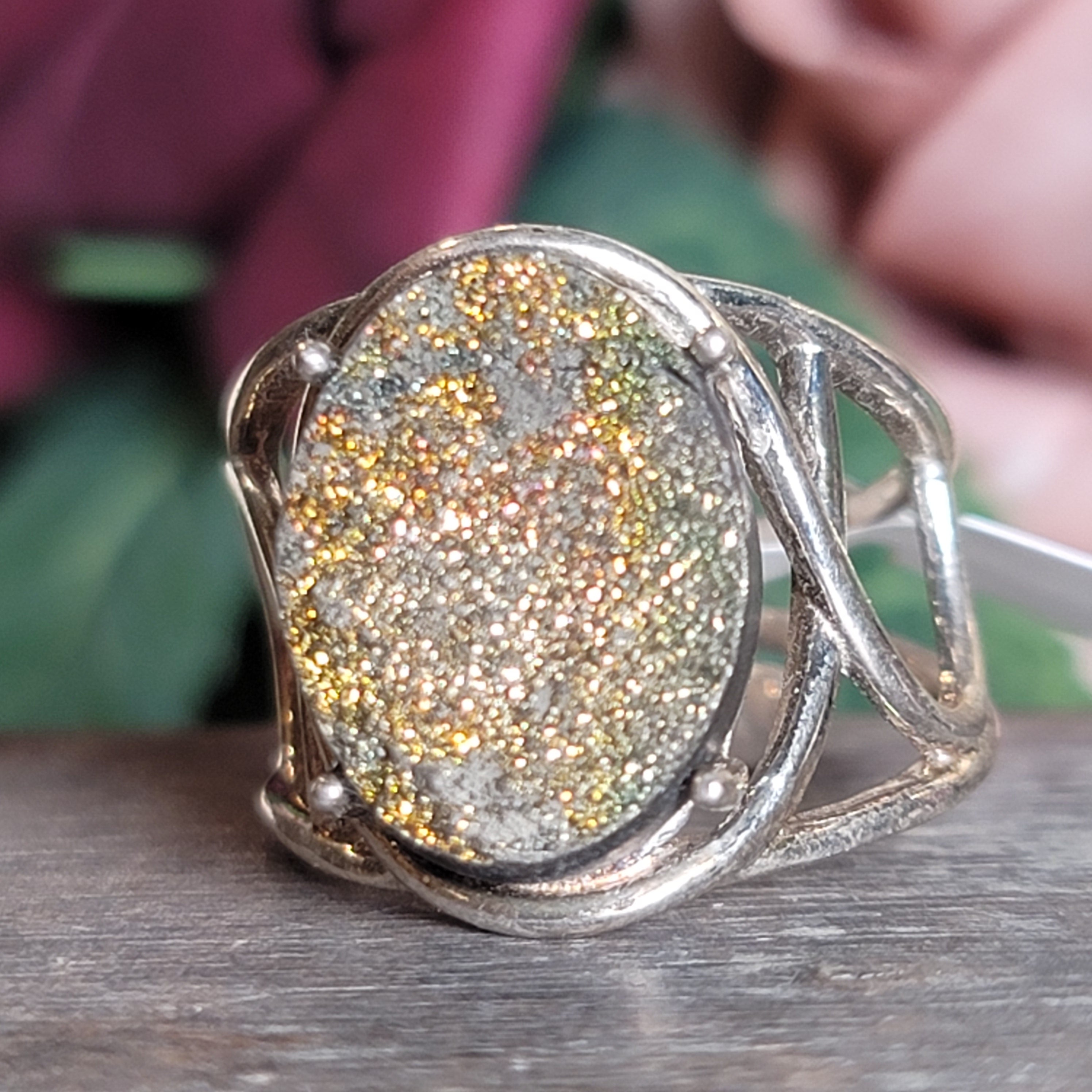 Rainbow Pyrite Cuff Ring .925 Silver for Luck & Manifestation