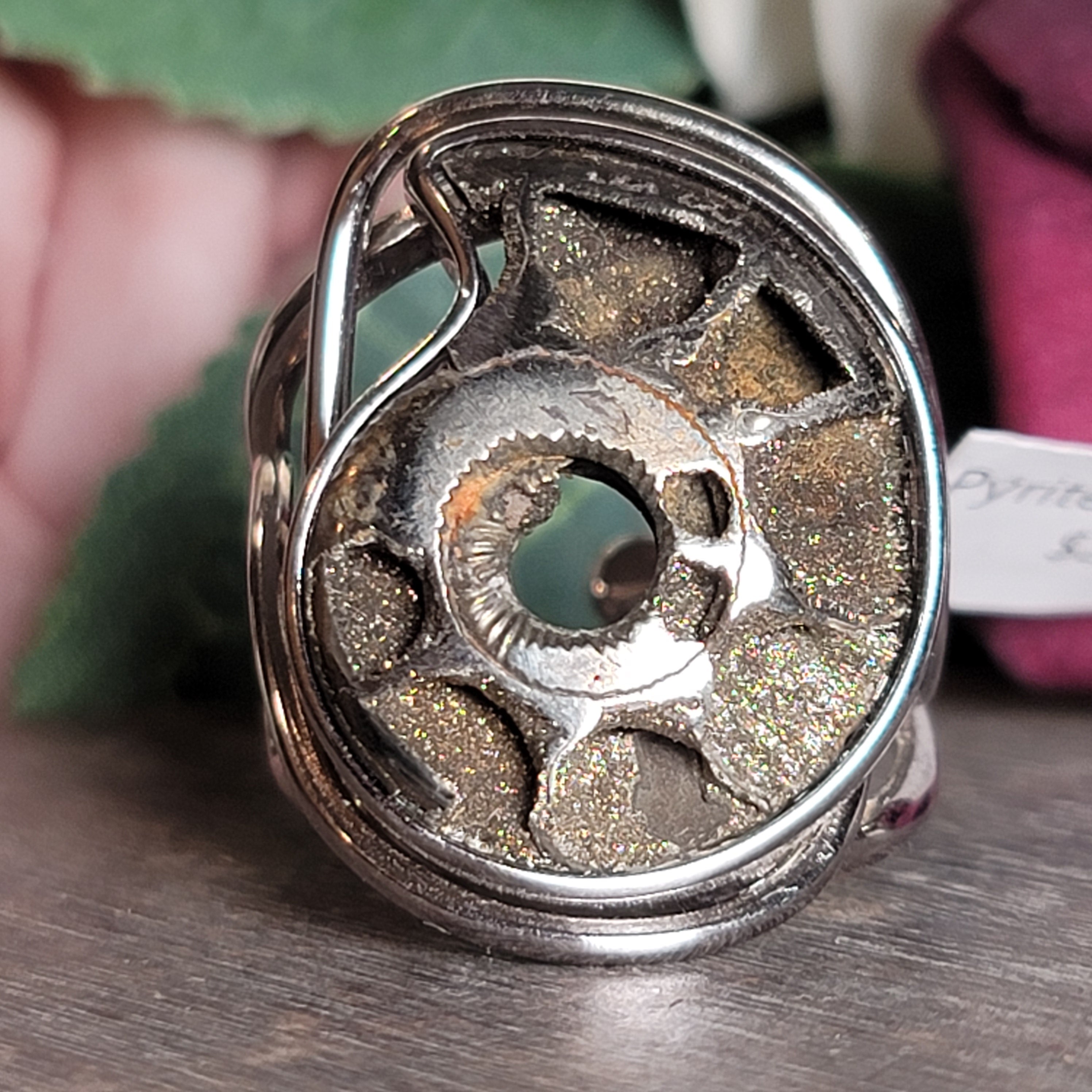 Pyrite Ammonite Cuff Ring .925 Silver for Luck & Manifestation