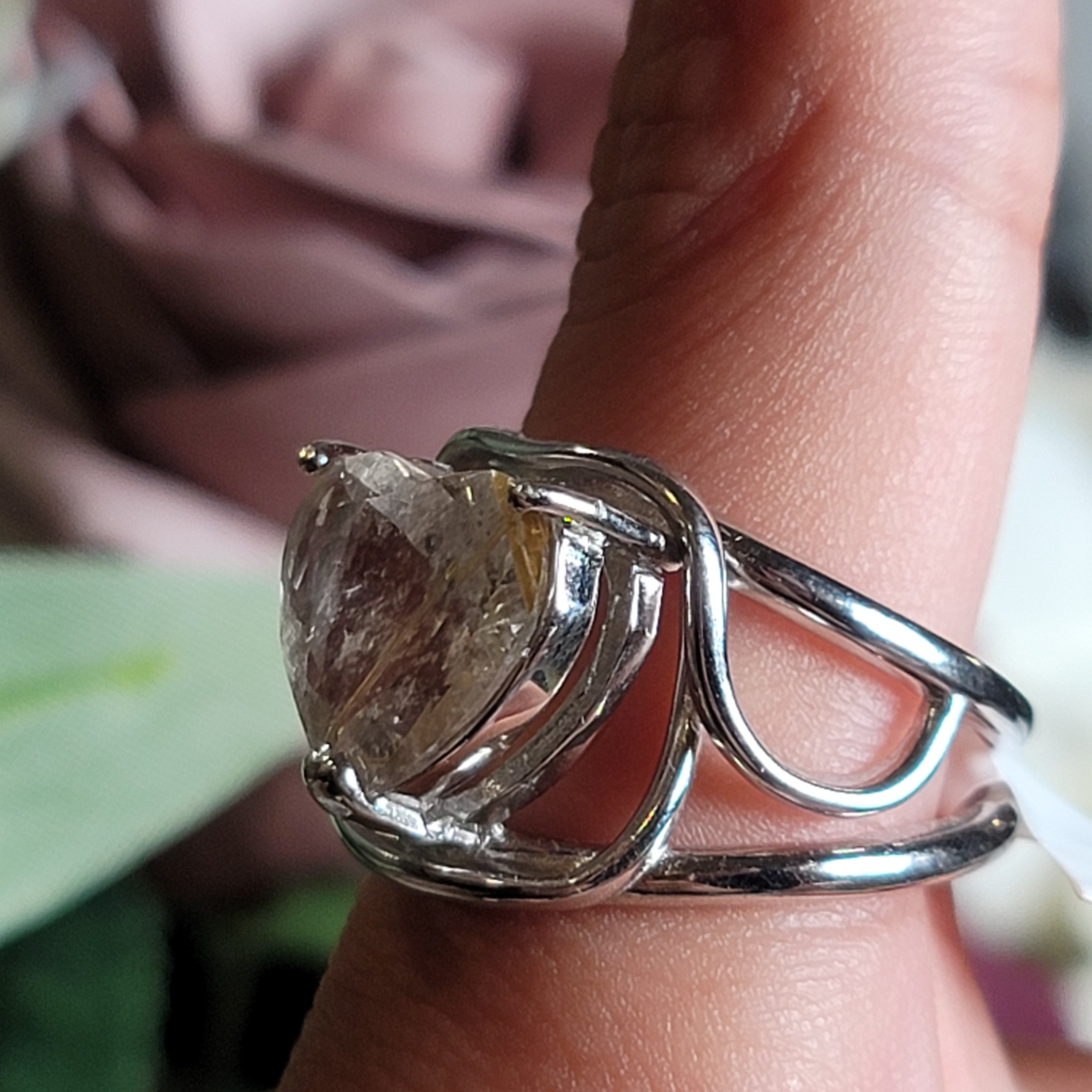 Gold Rutile in Quartz Heart Cuff Ring .925 Sterling Silver for Accelerating Manifestations