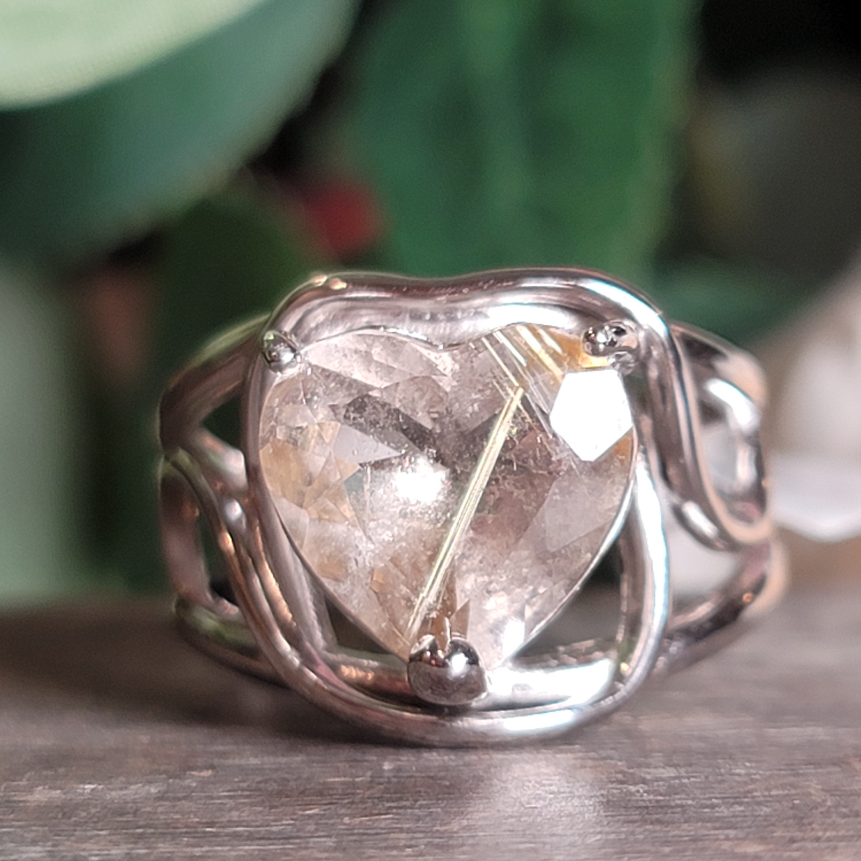 Gold Rutile in Quartz Heart Cuff Ring .925 Sterling Silver for Accelerating Manifestations