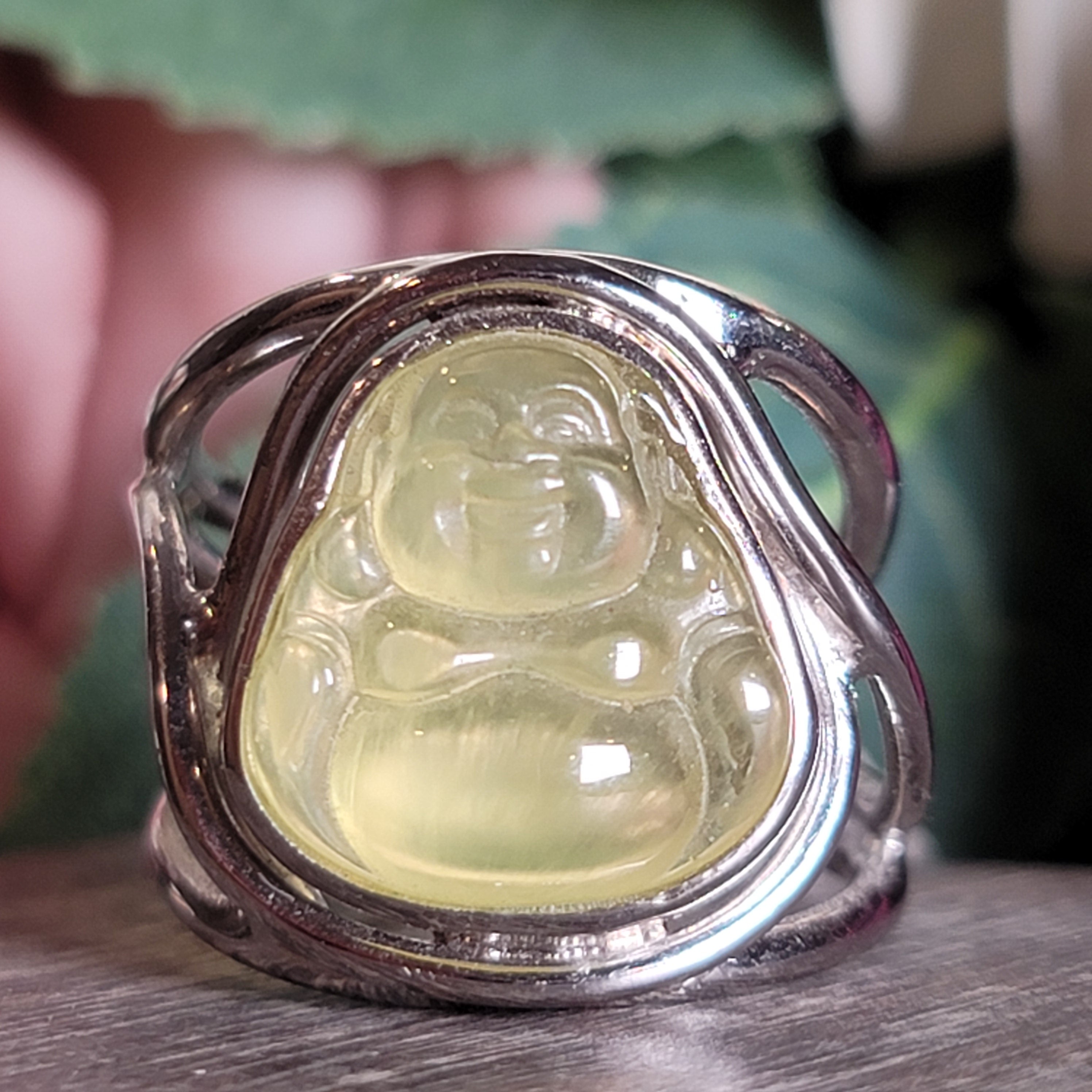 Golden Prehnite Buddha Cuff Ring .925 Silver for Heart Healing and Rejuvenation