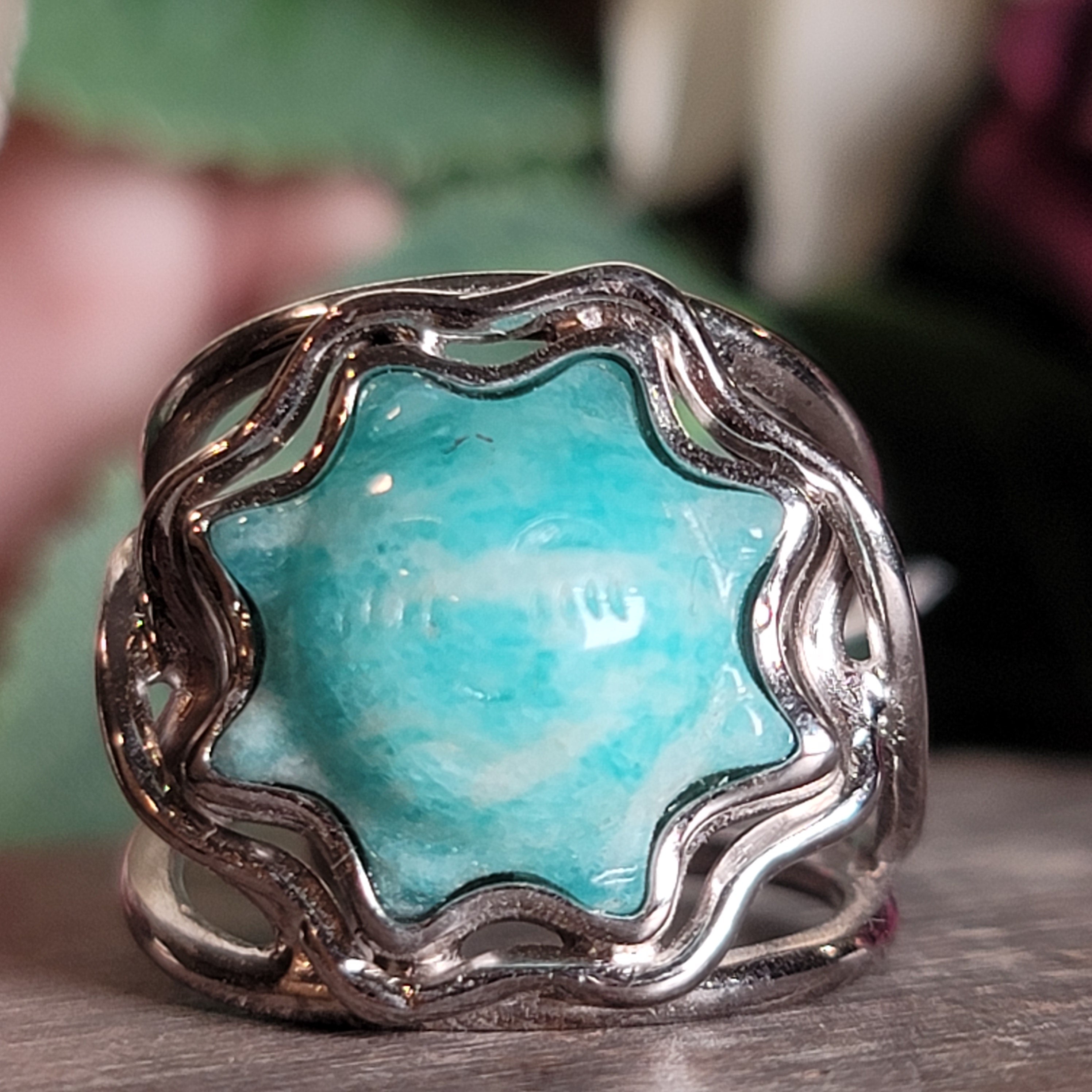 Amazonite Sun Cuff Ring .925 Silver for Communication, Harmony and Hope