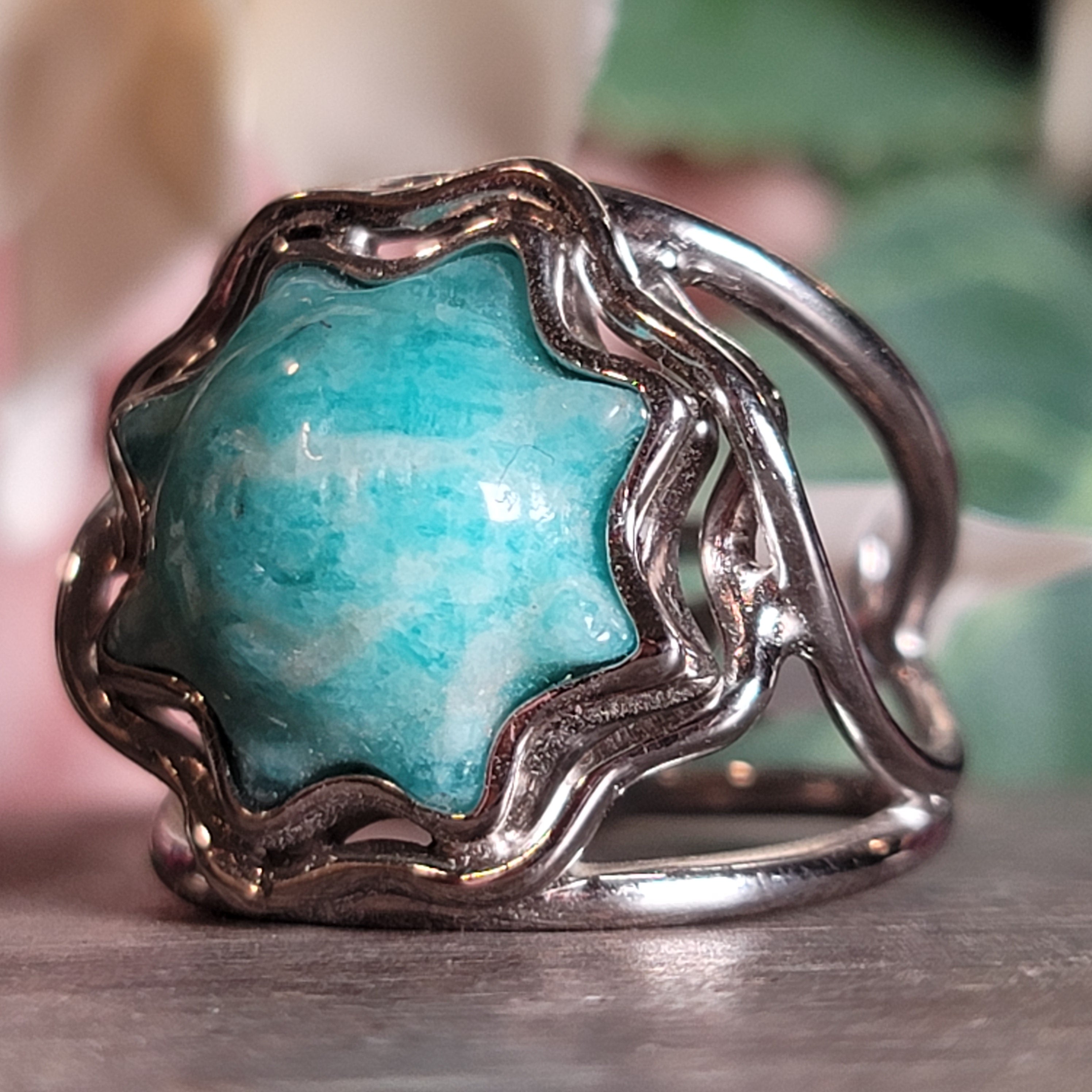 Amazonite Sun Cuff Ring .925 Silver for Communication, Harmony and Hope