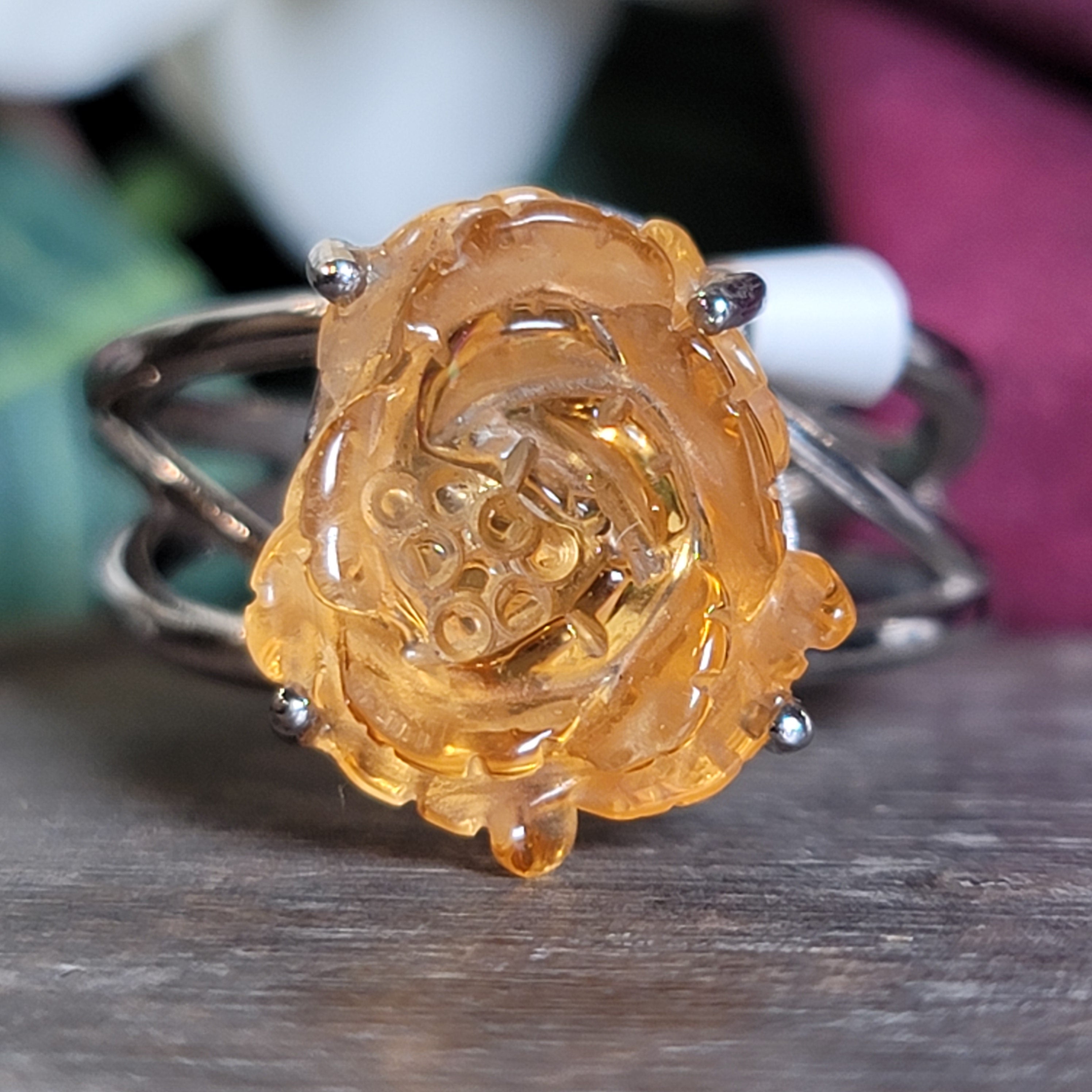 Citrine Lotus Cuff Ring .925 Silver for Abundance, Good Luck and Positivity