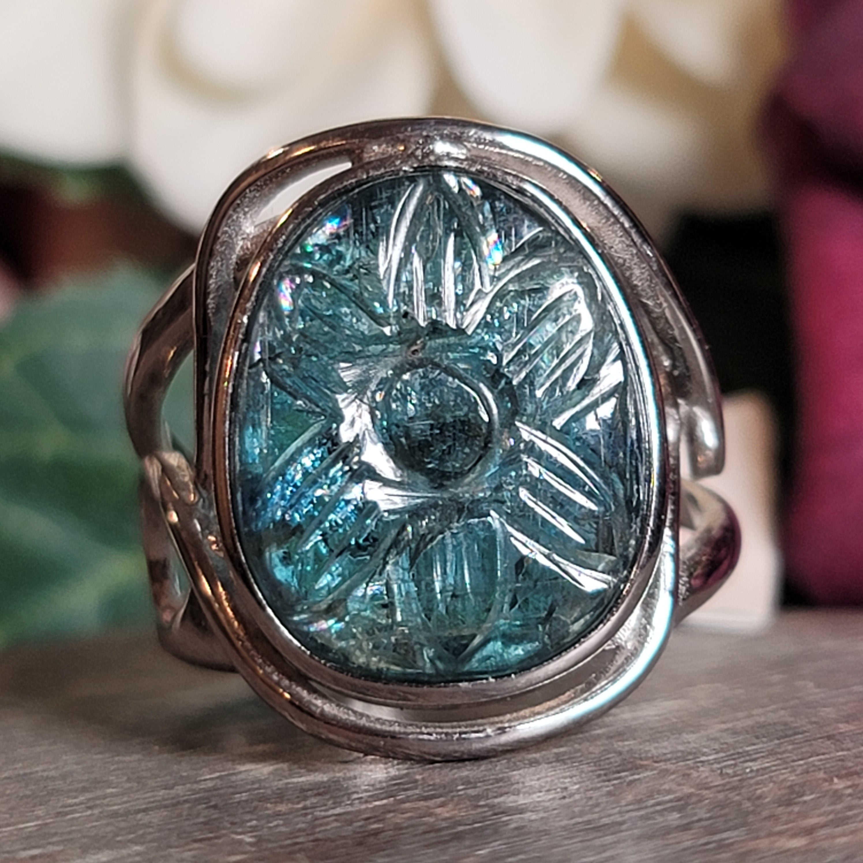 Kyanite Flower Cuff Ring .925 Silver for Energetic Clearing and Purification