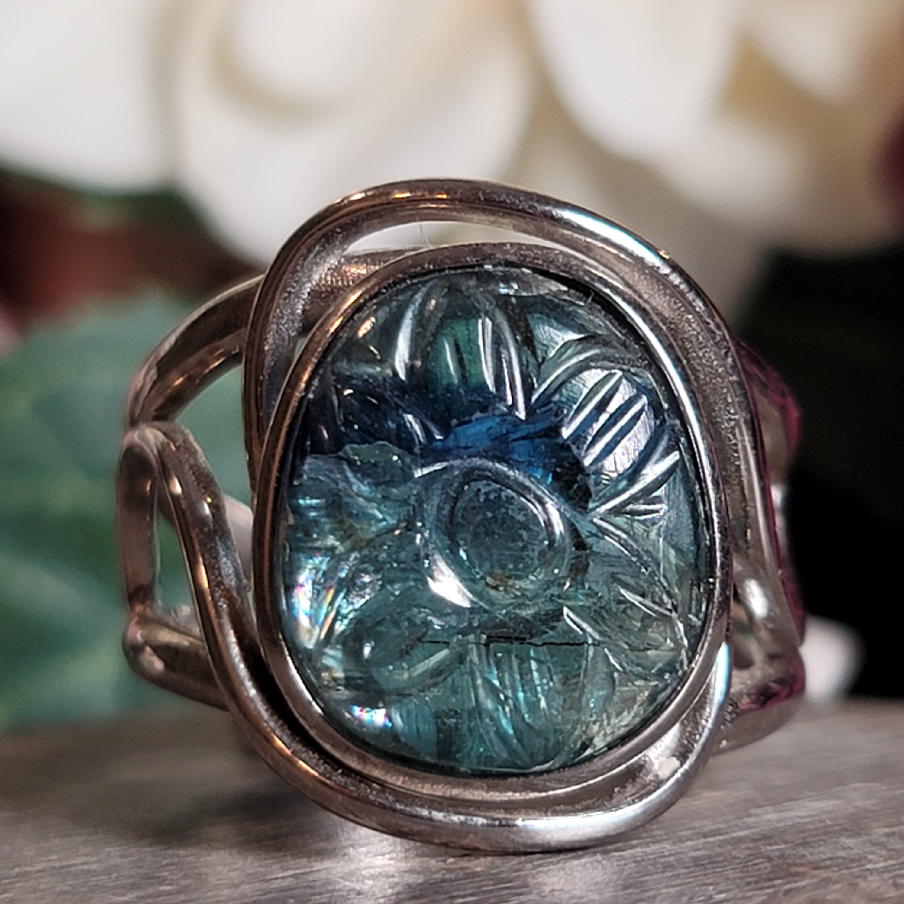 Kyanite Flower Cuff Ring .925 Silver for Energetic Clearing and Purification