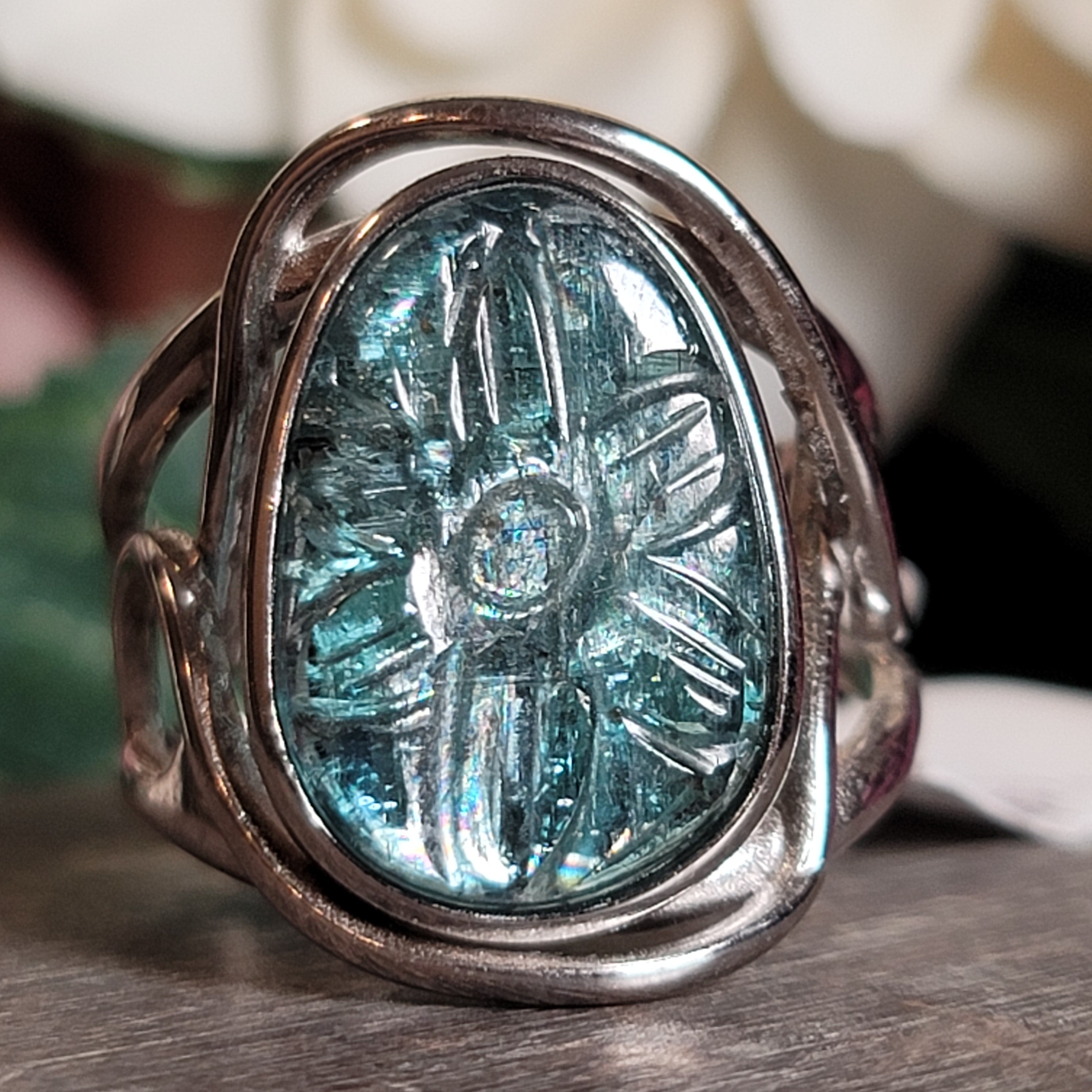 Kyanite Flower Cuff Ring .925 Silver for Energetic Clearing and Purification