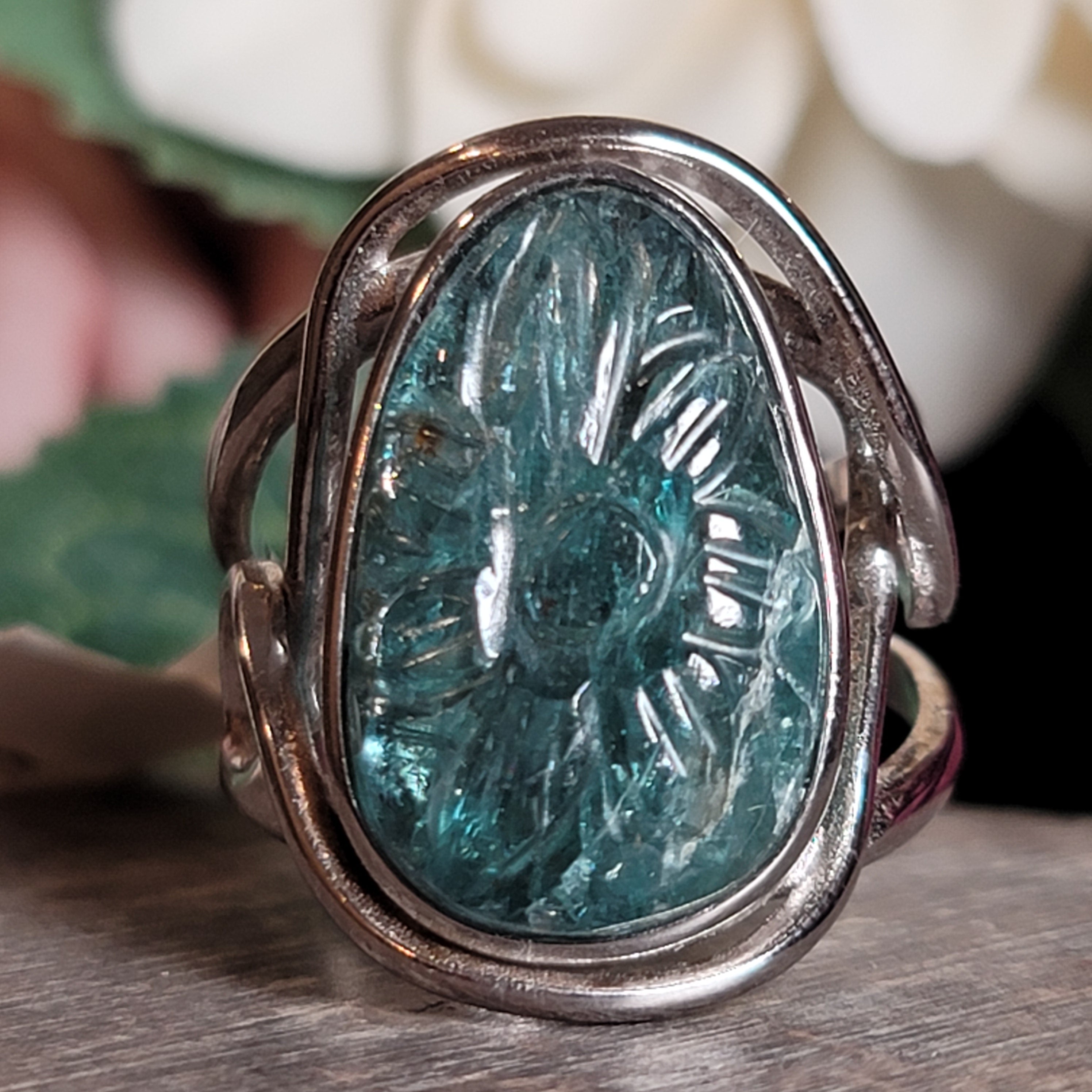 Kyanite Flower Cuff Ring .925 Silver for Energetic Clearing and Purification