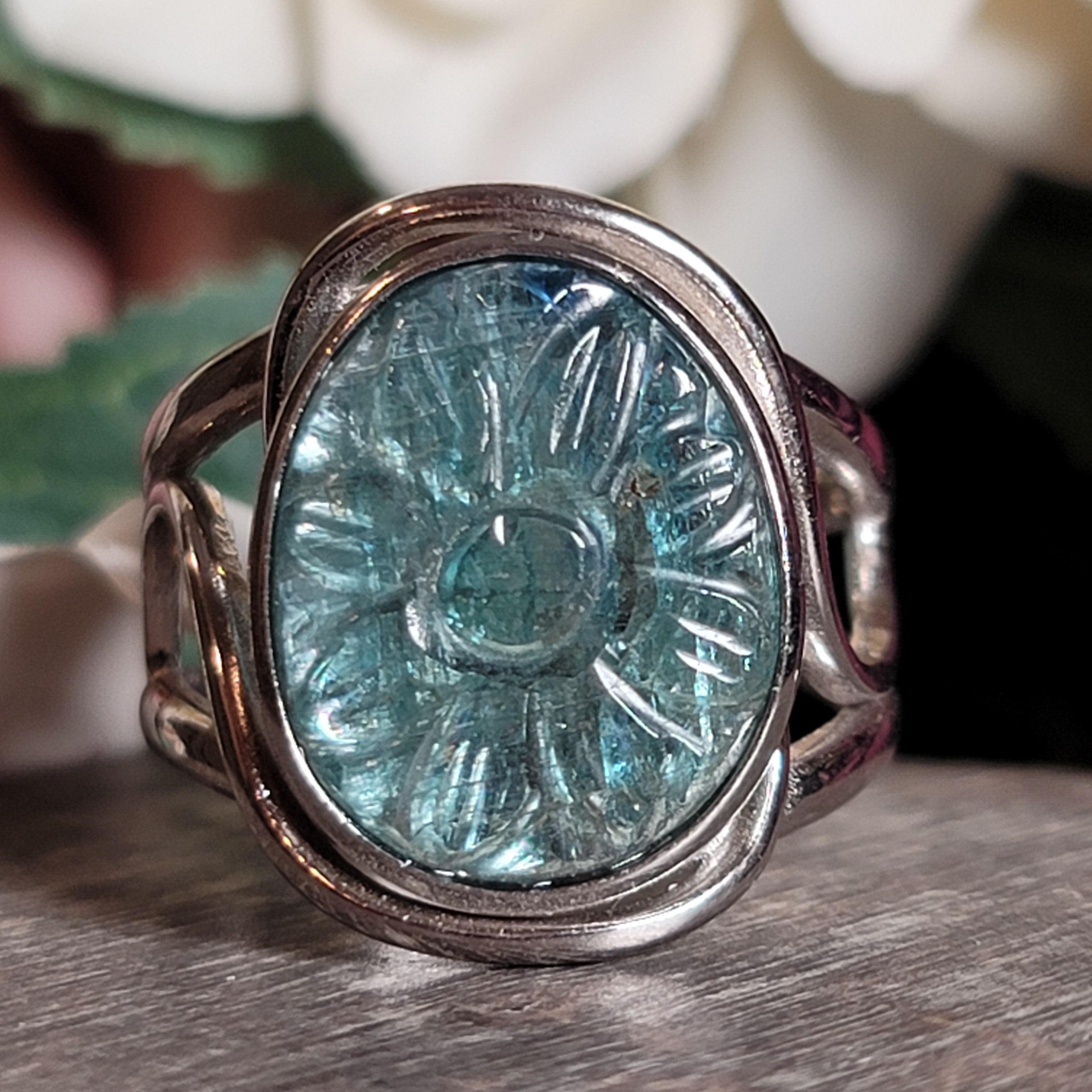 Kyanite Flower Cuff Ring .925 Silver for Energetic Clearing and Purification