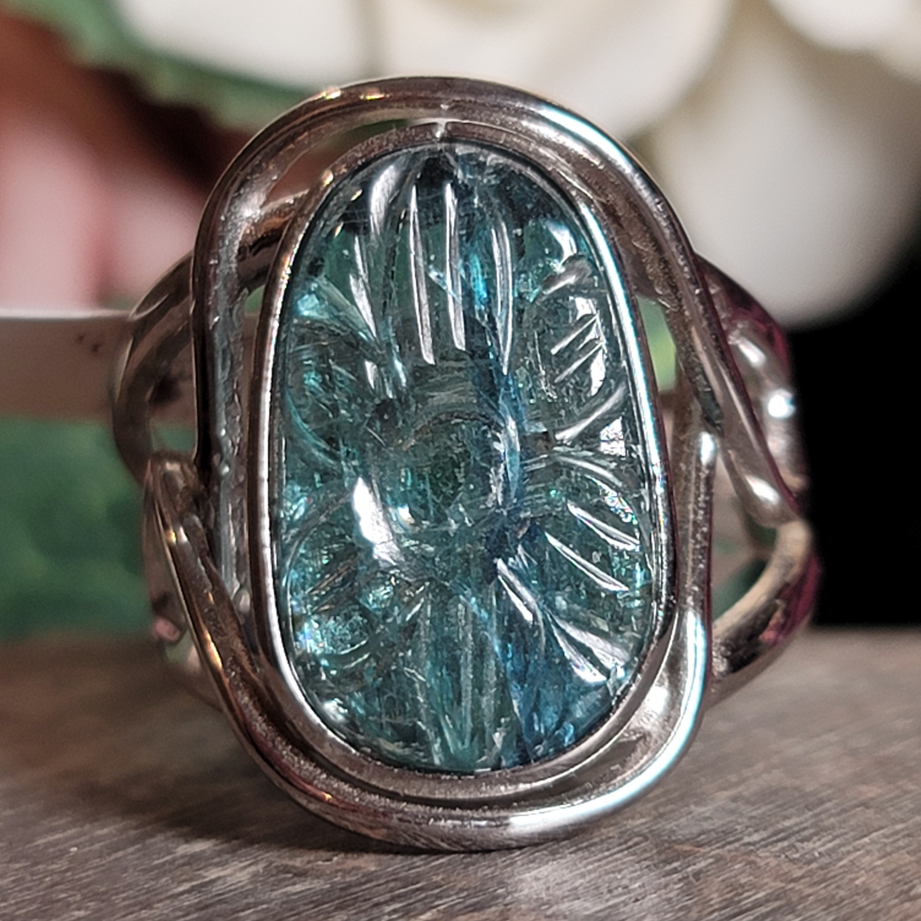 Kyanite Flower Cuff Ring .925 Silver for Energetic Clearing and Purification