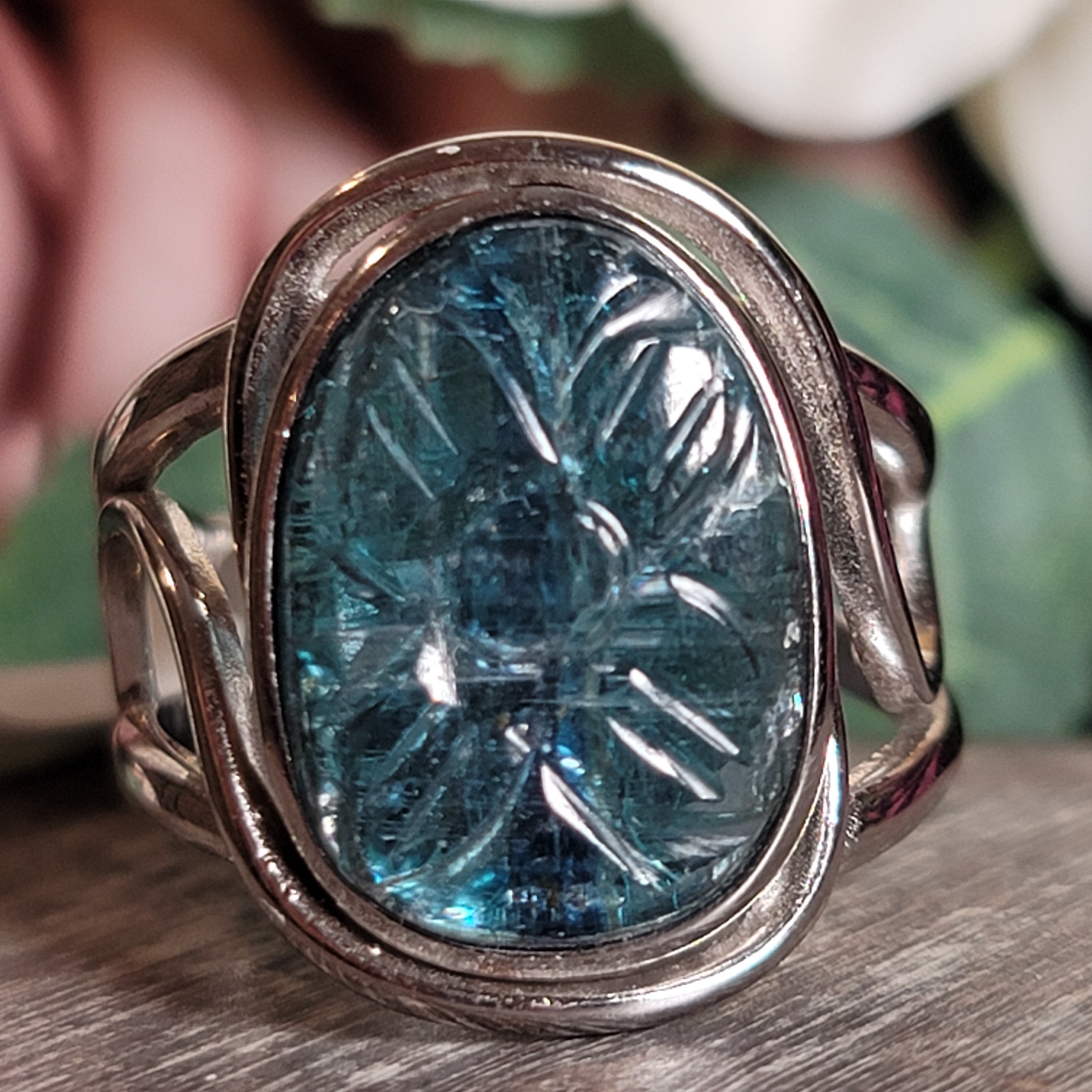 Kyanite Flower Cuff Ring .925 Silver for Energetic Clearing and Purification