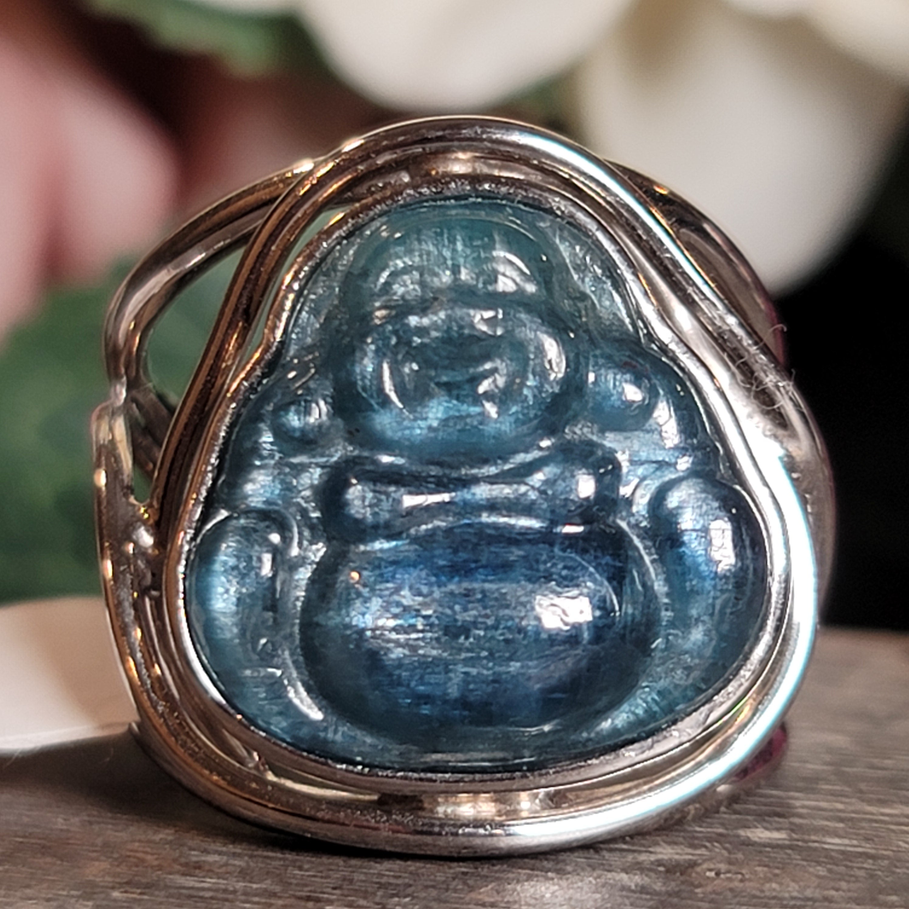 Kyanite Buddha Cuff Ring .925 Silver for Energetic Clearing and Purification