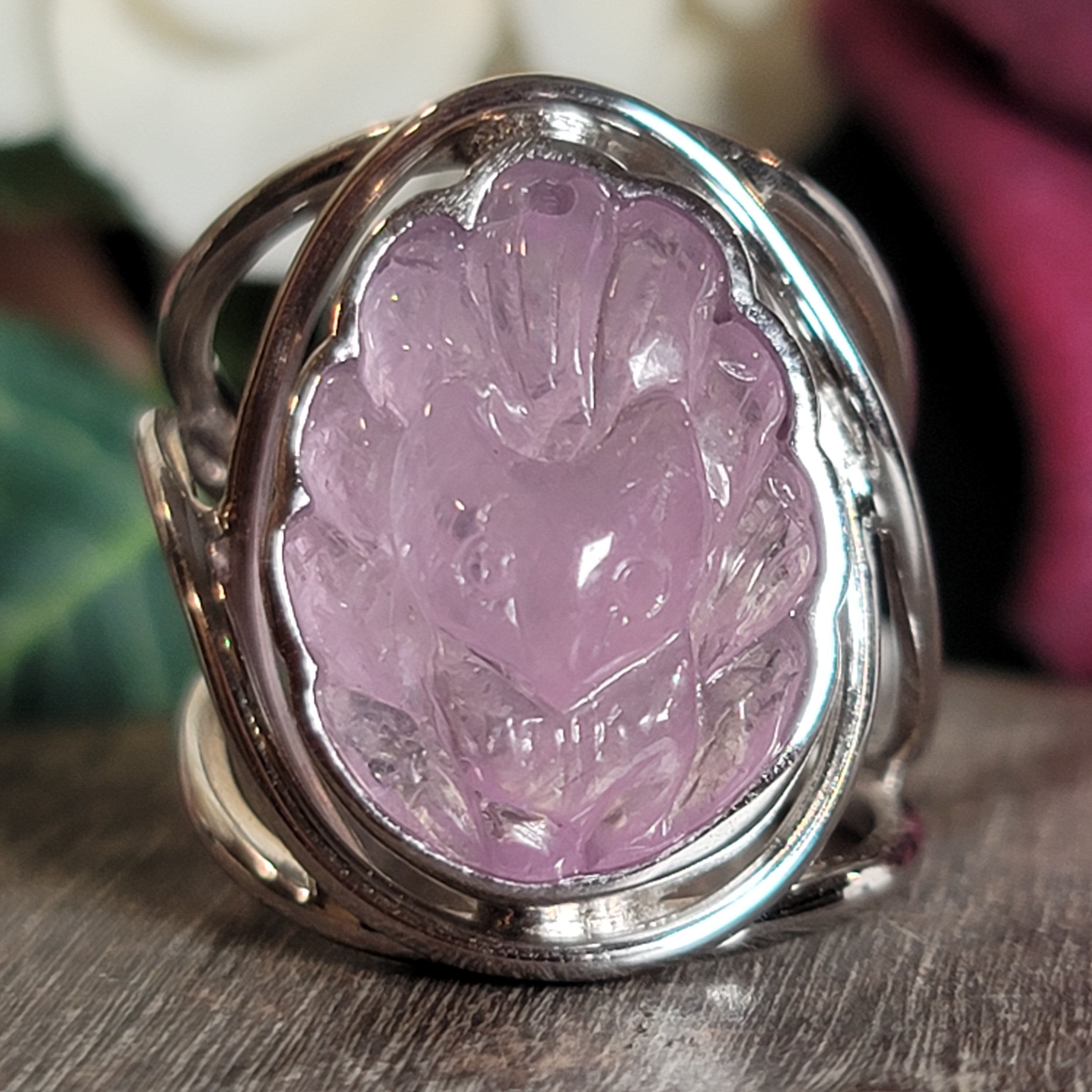 Kunzite Ninetails Kitsune Cuff Ring .925 Silver for Emotional Healing, Joy and Love