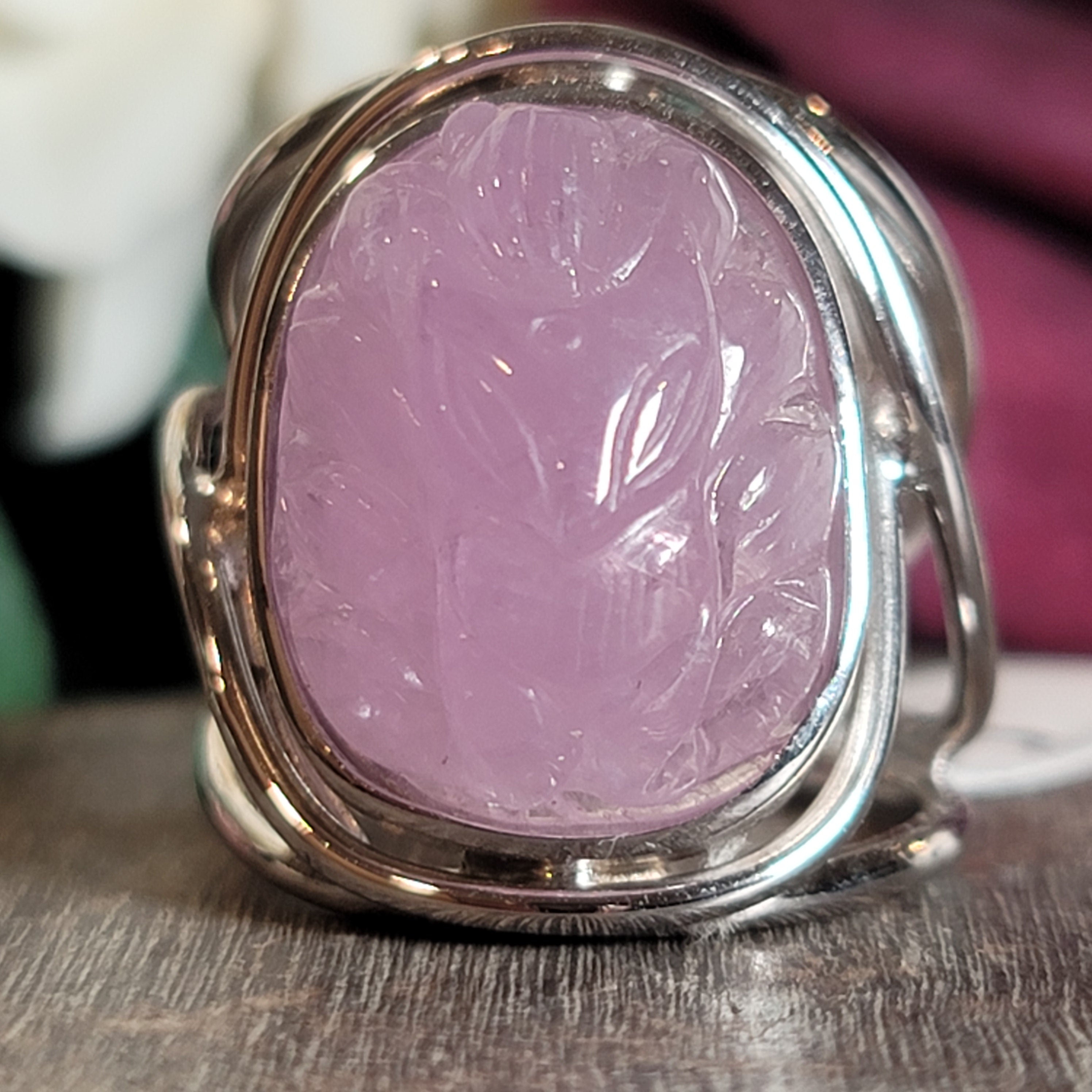 Kunzite Ninetails Kitsune Cuff Ring .925 Silver for Emotional Healing, Joy and Love