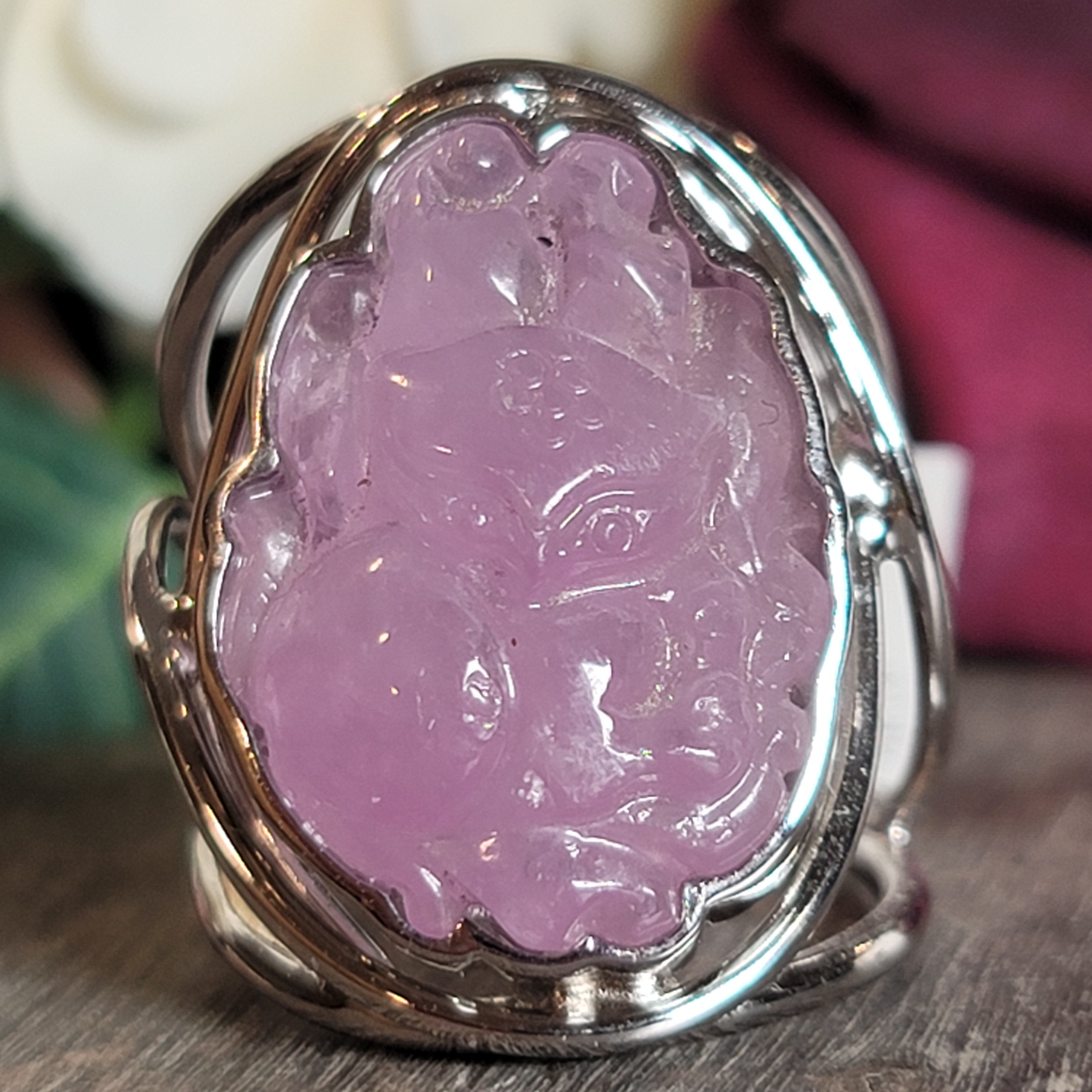 Kunzite Ninetails Kitsune Cuff Ring .925 Silver for Emotional Healing, Joy and Love